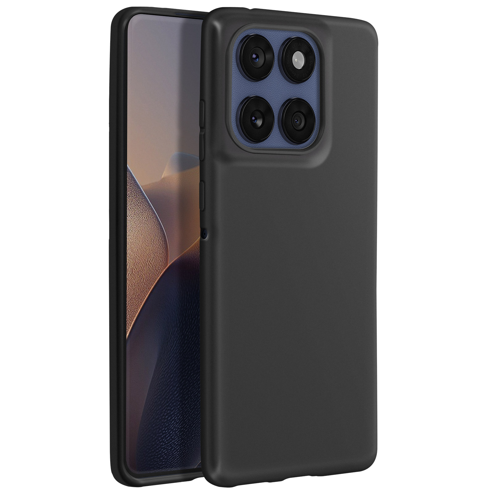 Zwarte telefoonhoes. De telefoon is zwart. De hoes heeft cameralenzen. De achtergrond is zichtbaar.