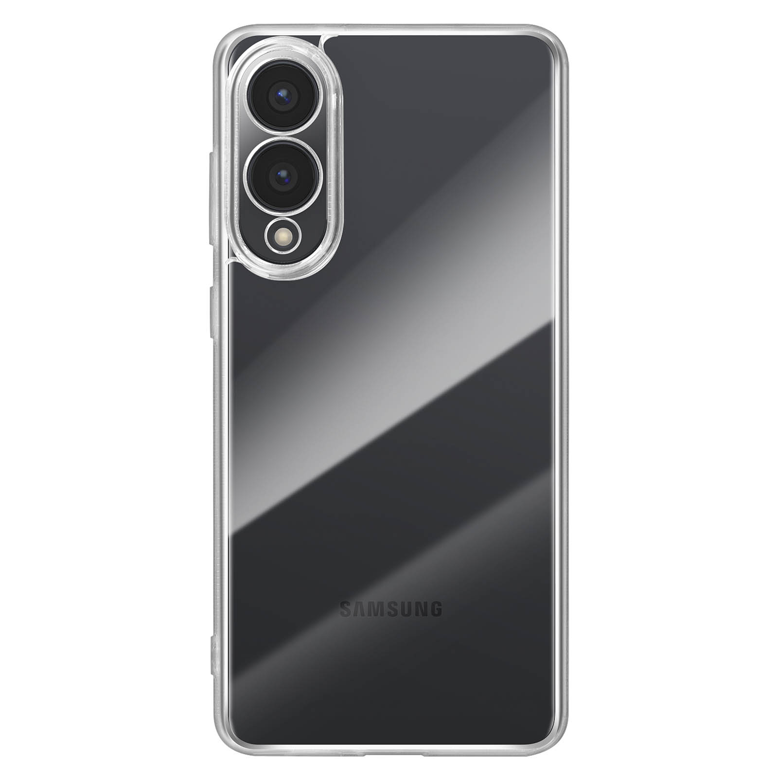 Transparente Handyhülle auf einem Telefon. Die Hülle hat einen silbernen Rand um die Kamera.