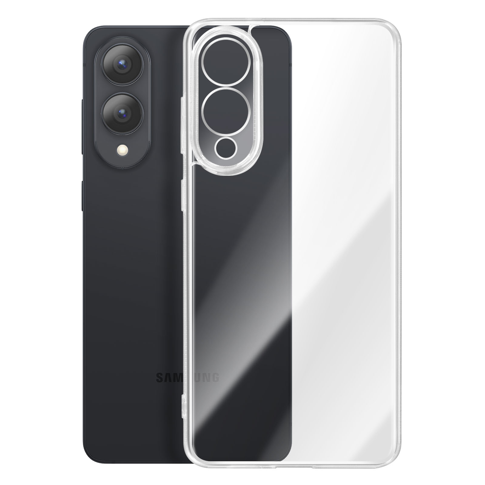 Zwei schwarze Telefone mit einer transparenten Handyhülle.