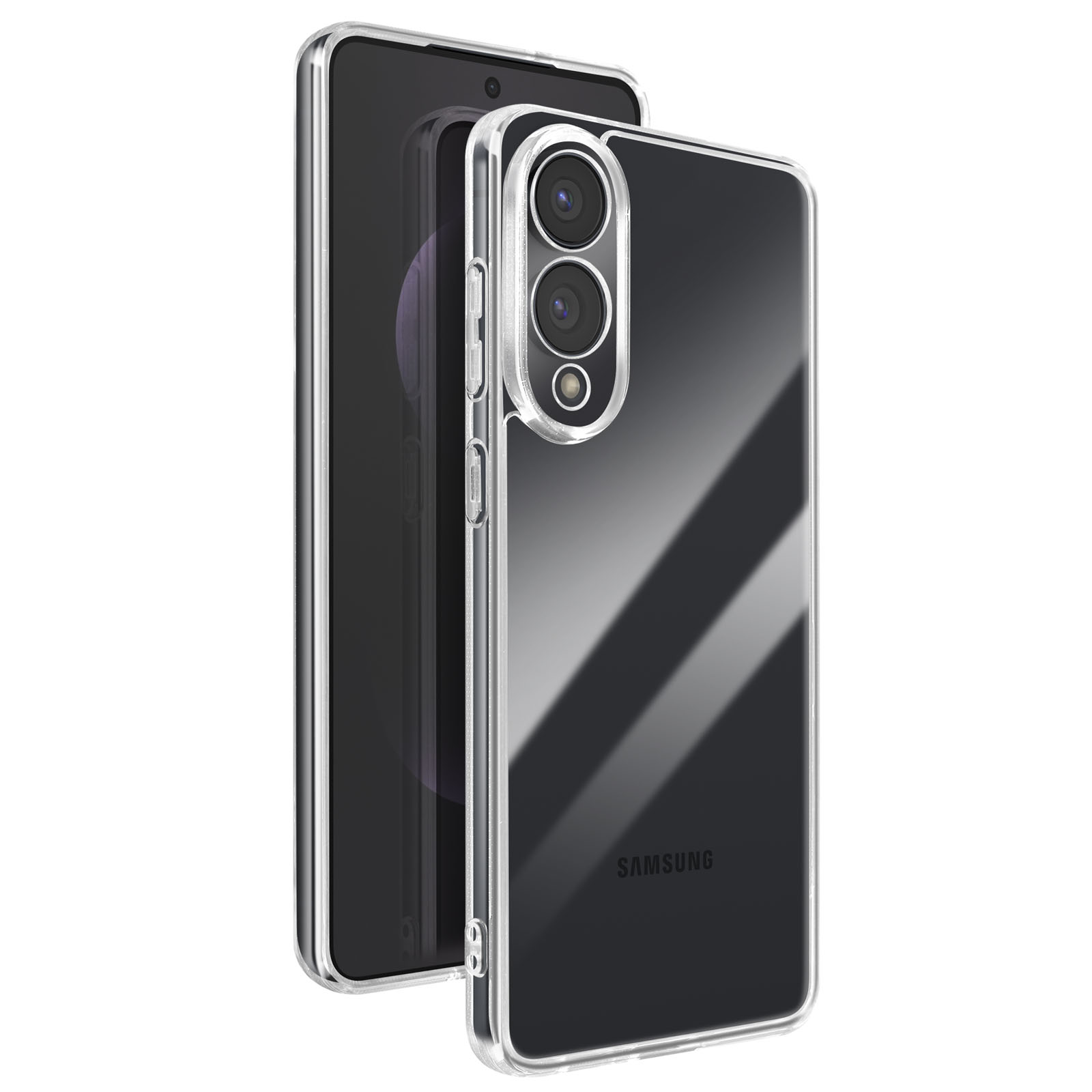 Transparente Handyhülle auf einem Telefon. Die Hülle hat einen silbernen Rand.