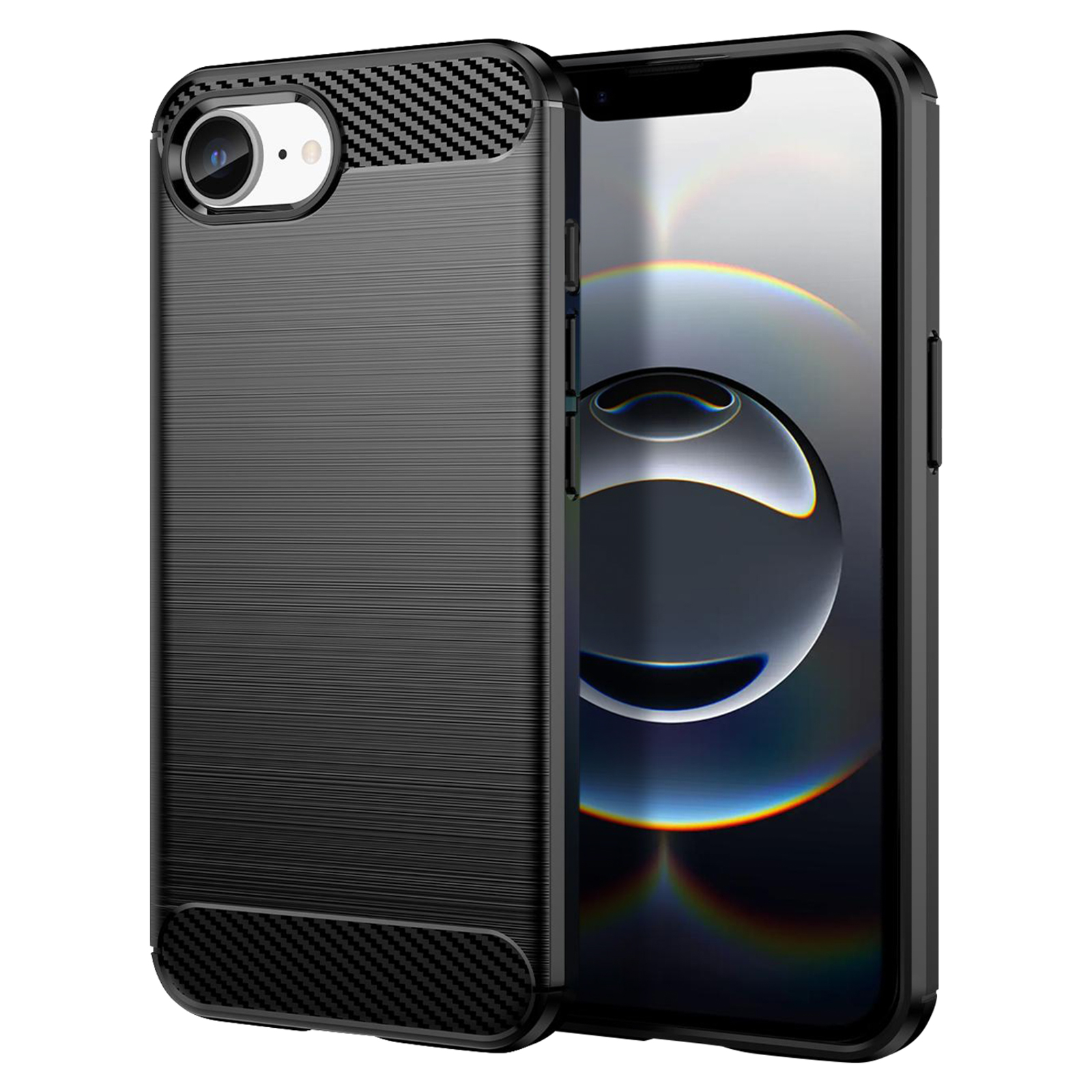 Custodia per telefono nera con trama in fibra di carbonio e protezione della fotocamera, su un telefono.