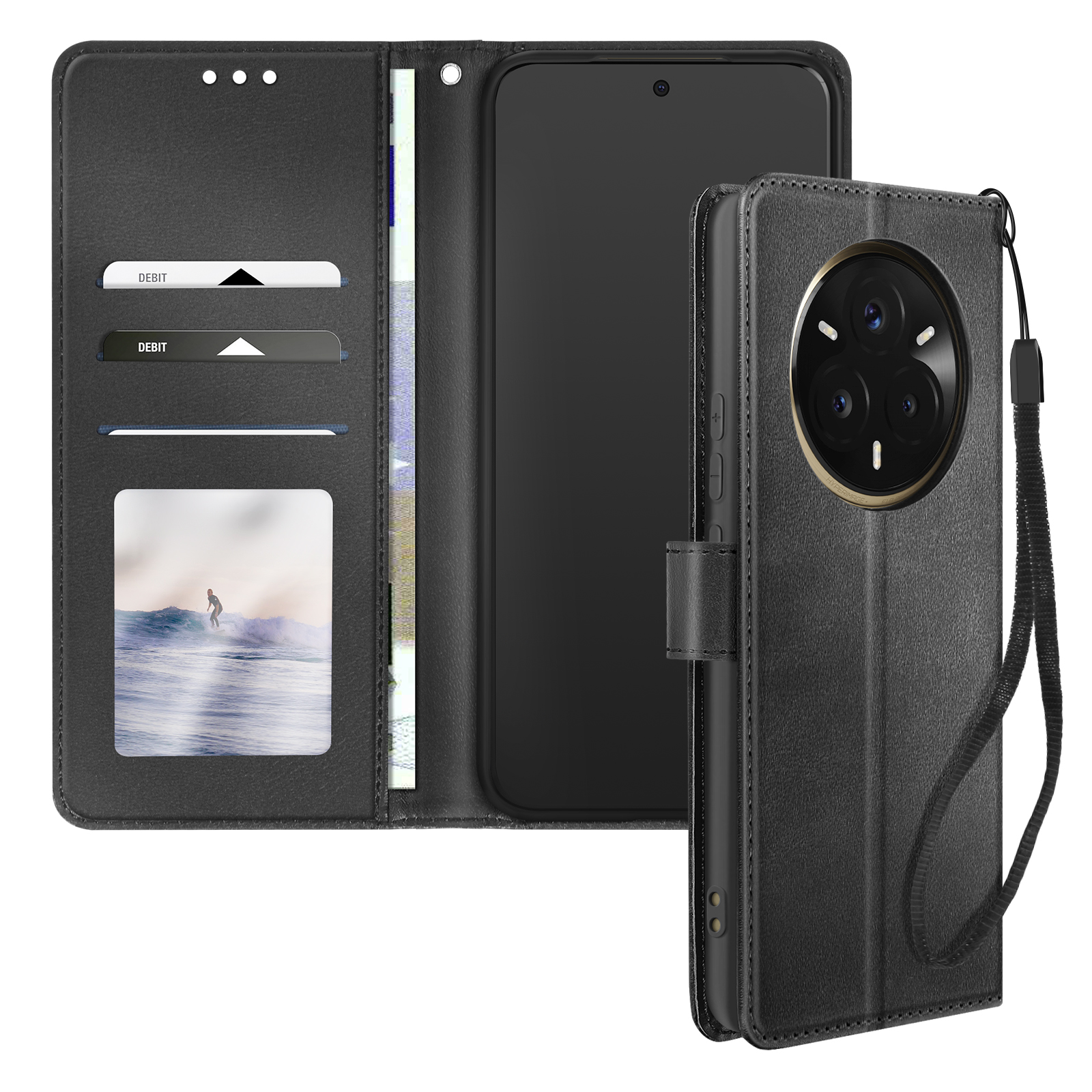 Custodia per telefono in pelle nera con scomparti per carte e chiusura magnetica. All'interno c'è un telefono.