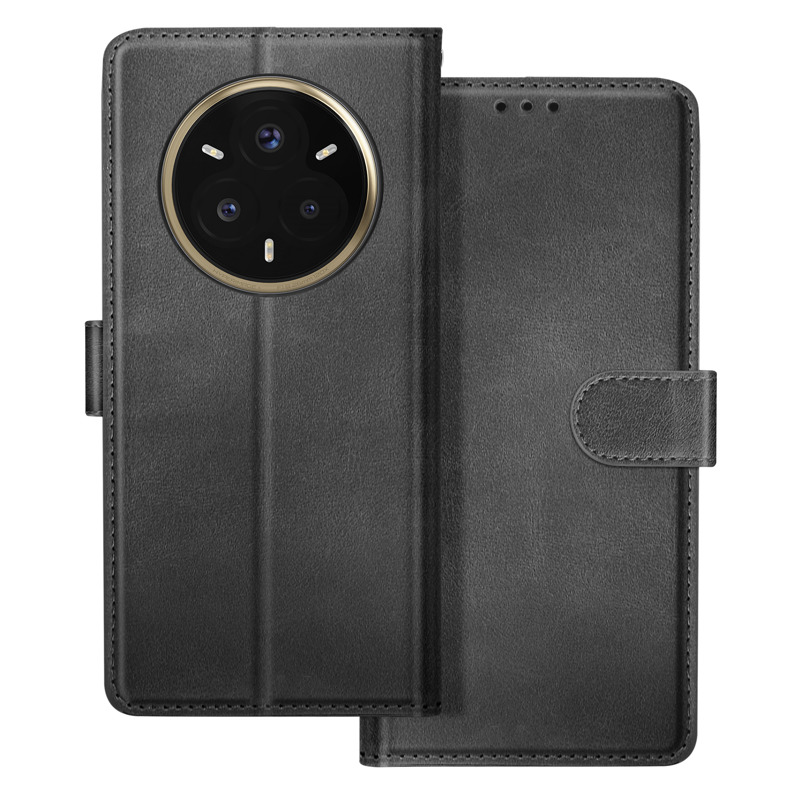 Custodia per telefono in pelle nera, aperta. Mostra telefono con tripla fotocamera. Anello fotocamera dorato. La custodia si chiude con un cinturino.