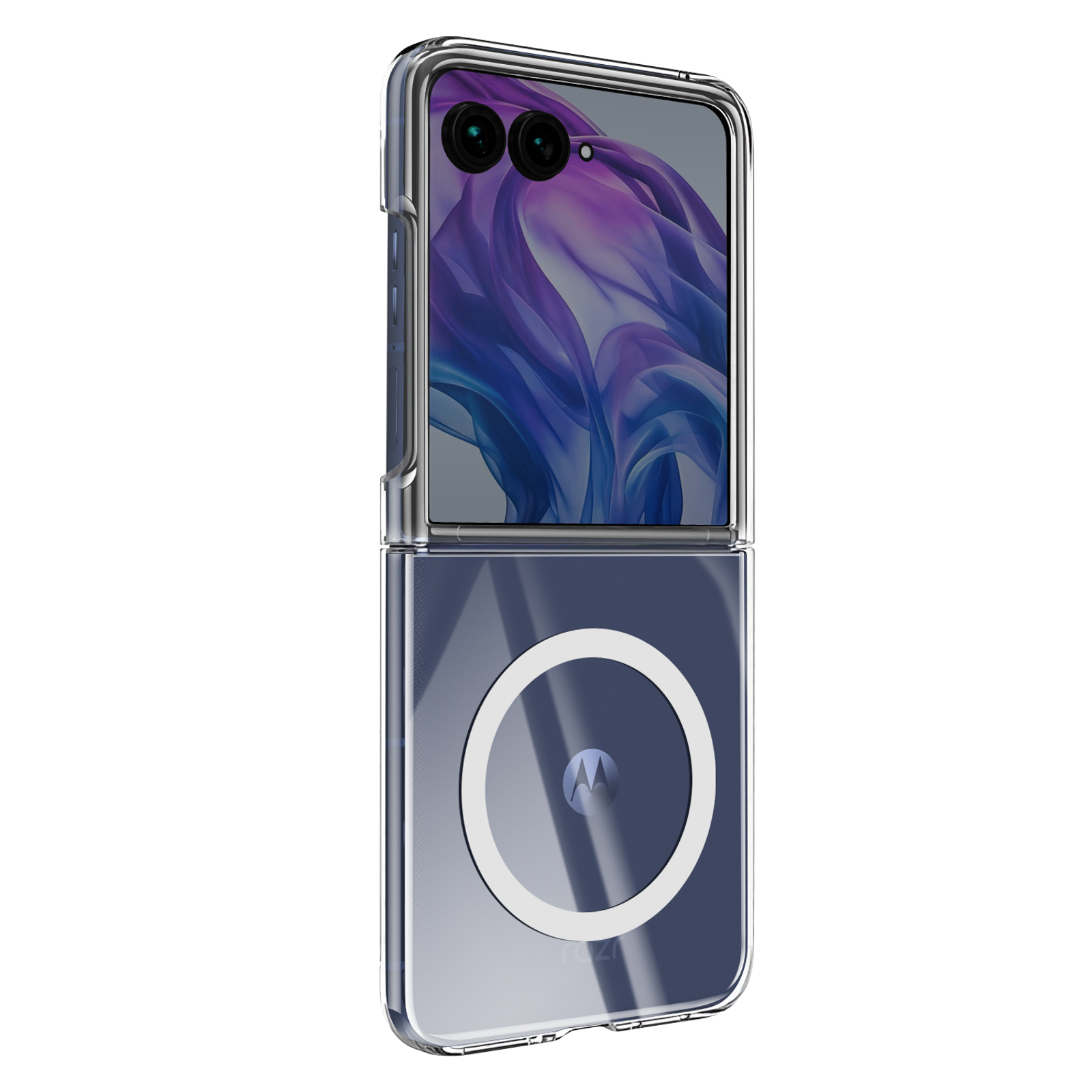 Une coque de téléphone transparente pour un téléphone pliable. Affiche le téléphone plié. Cadre argenté, écran violet. L'étui est sur une surface blanche.