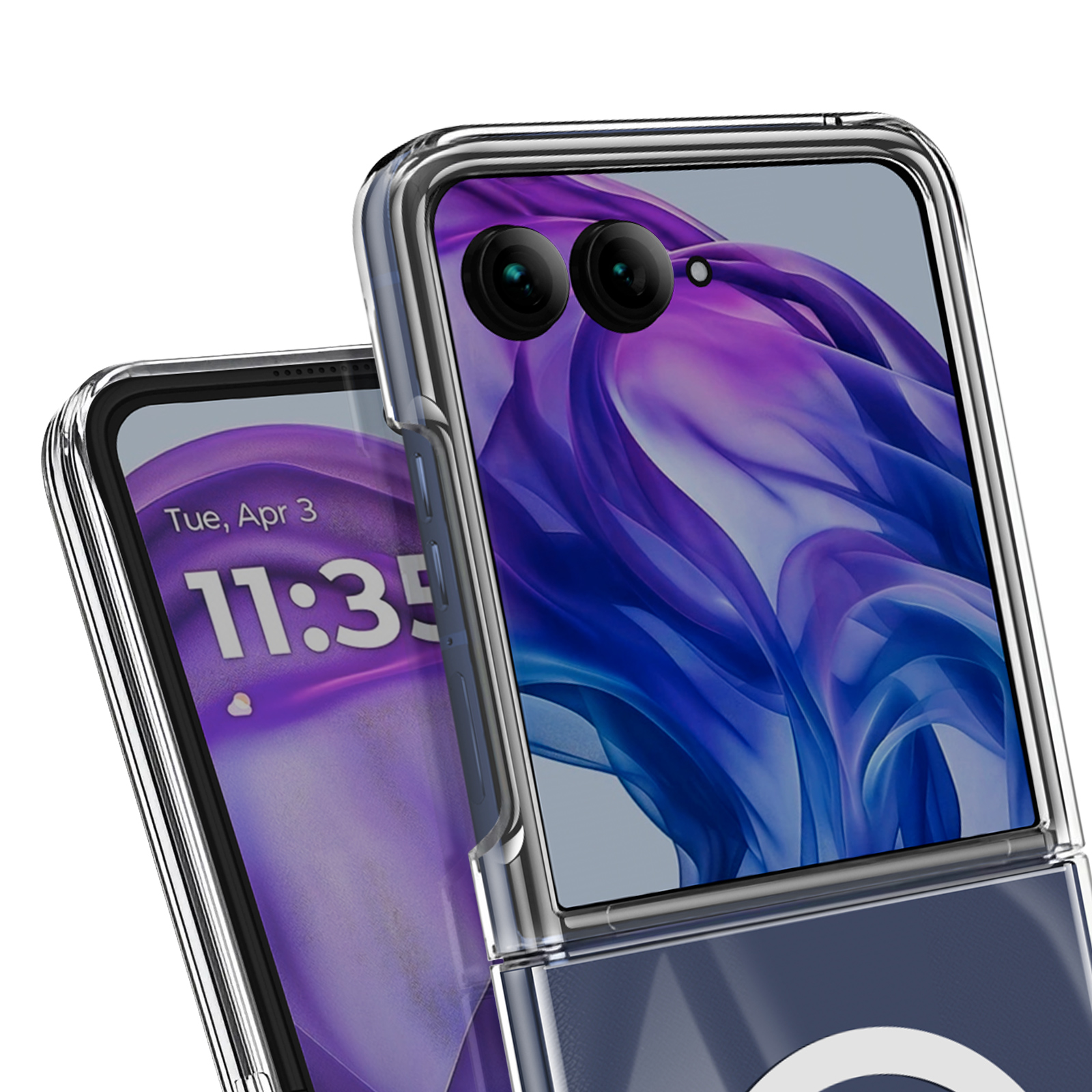 Un téléphone pliable dans un étui transparent. L'écran affiche de l'art abstrait violet et blanc. La date est le 3 avril, 11h35.