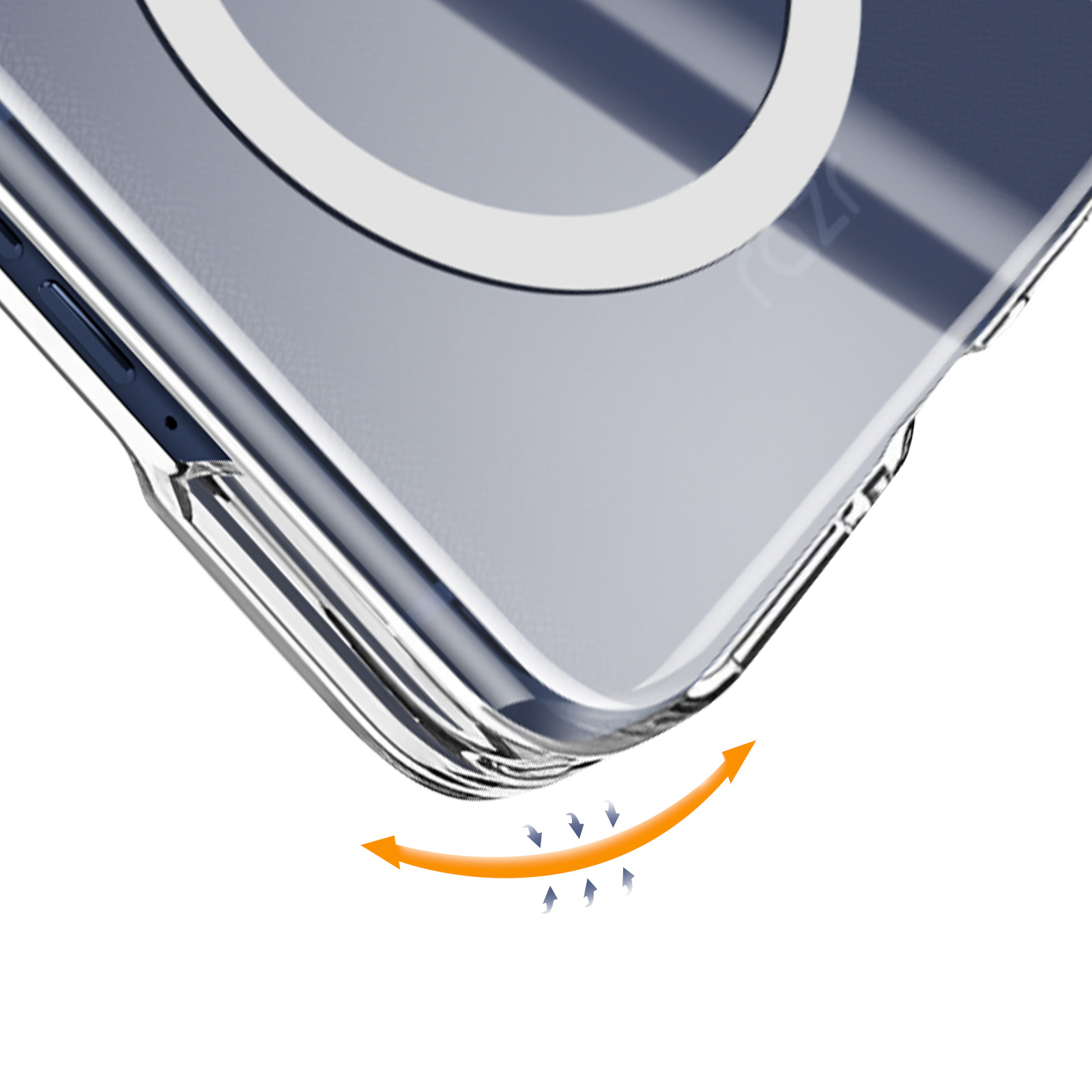 Gros plan sur une coque de téléphone transparente avec un élément magnétique circulaire blanc et une flèche orange.