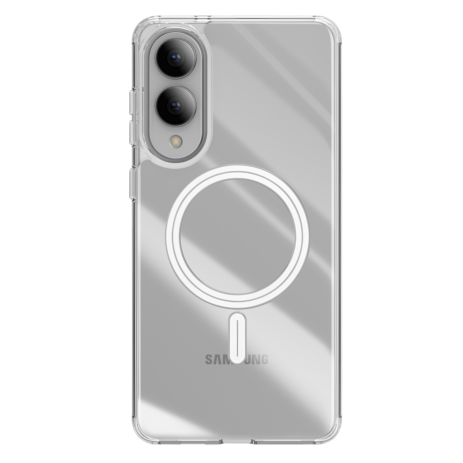 Custodia trasparente per telefono con cornice argentata. Il telefono ha due fotocamere e un cerchio trasparente per il logo.
