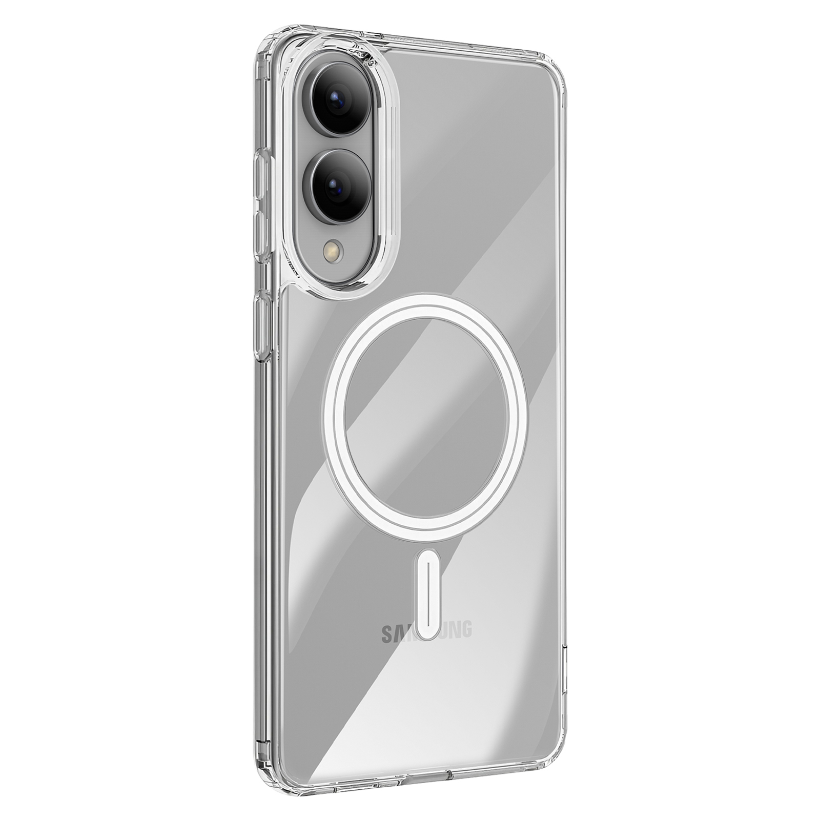 Custodia trasparente per telefono con cornice argentata. Il telefono ha due fotocamere e un cerchio trasparente per il logo.