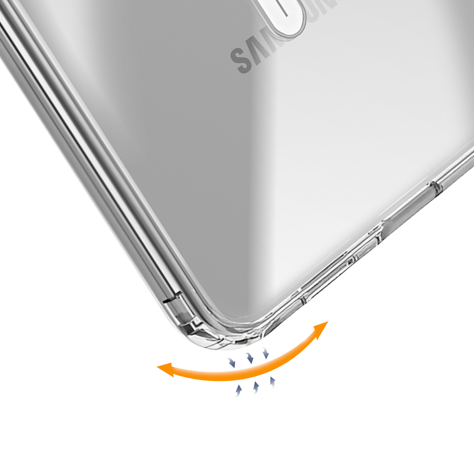 Primo piano dell'angolo di una custodia trasparente per telefono. Ci sono frecce arancioni e linee blu che illustrano la protezione della custodia.
