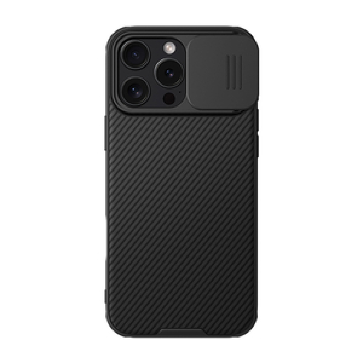 Custodia per telefono nera con una texture. Il retro ha una copertura per la fotocamera. La fotocamera ha tre lenti. La custodia è su una superficie bianca.