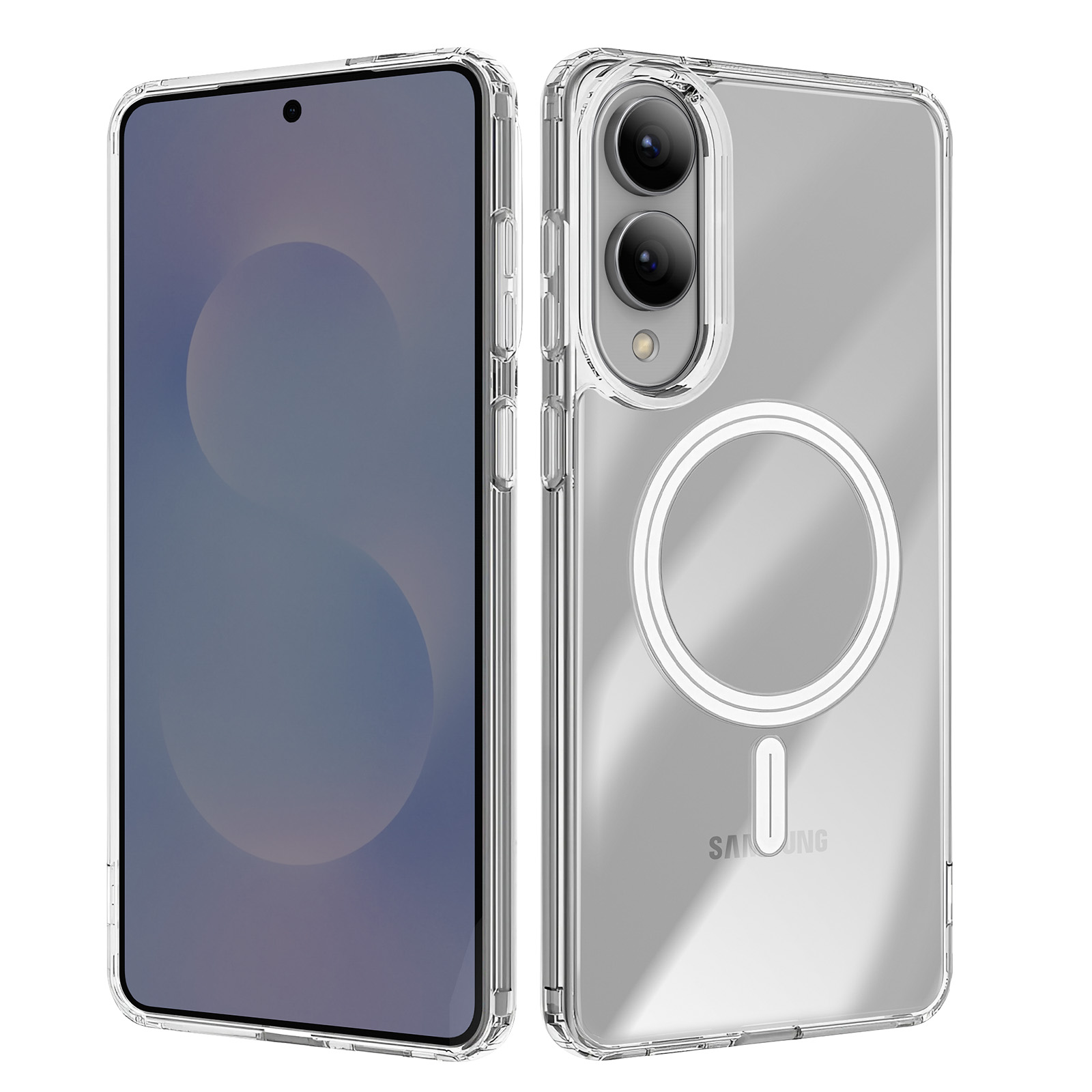Due custodie trasparenti per telefono. Il telefono ha due fotocamere e un cerchio trasparente per il logo. Sfondo bianco.