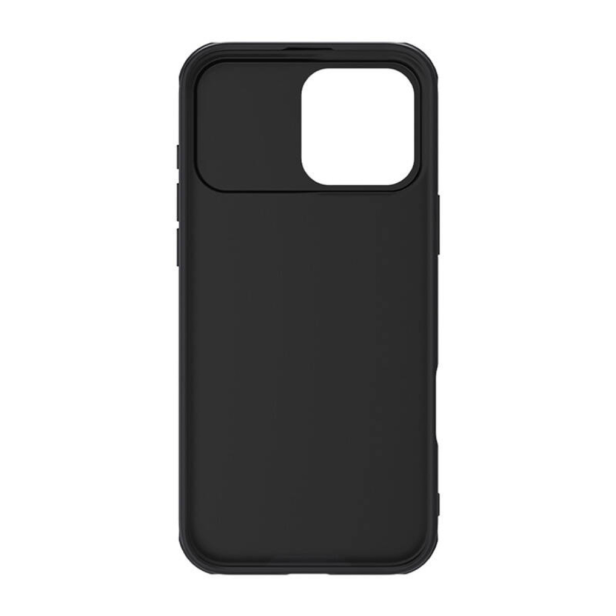Coque de téléphone noire. L'étui a un cache pour l'appareil photo. Le fond est blanc uni.