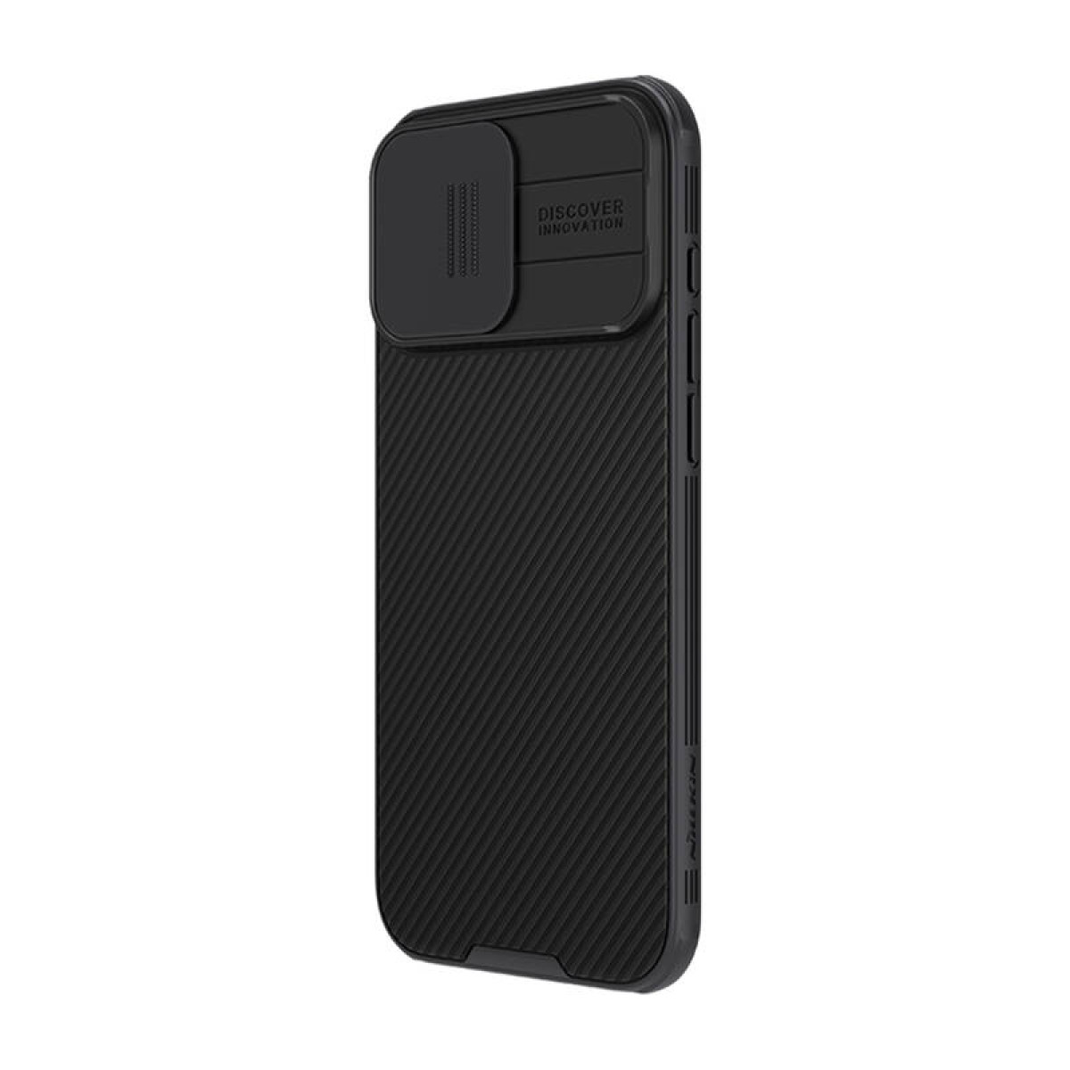 Custodia per telefono nera. È una custodia protettiva con una copertura per la fotocamera. La custodia ha un logo Discover Innovation.