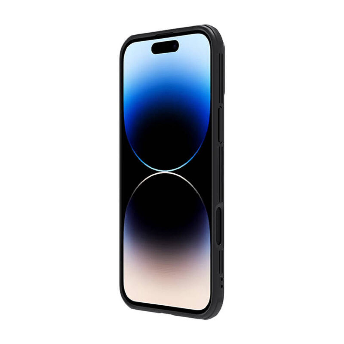 Un téléphone noir avec un cadre noir et un écran affichant un dégradé de bleu et de blanc.