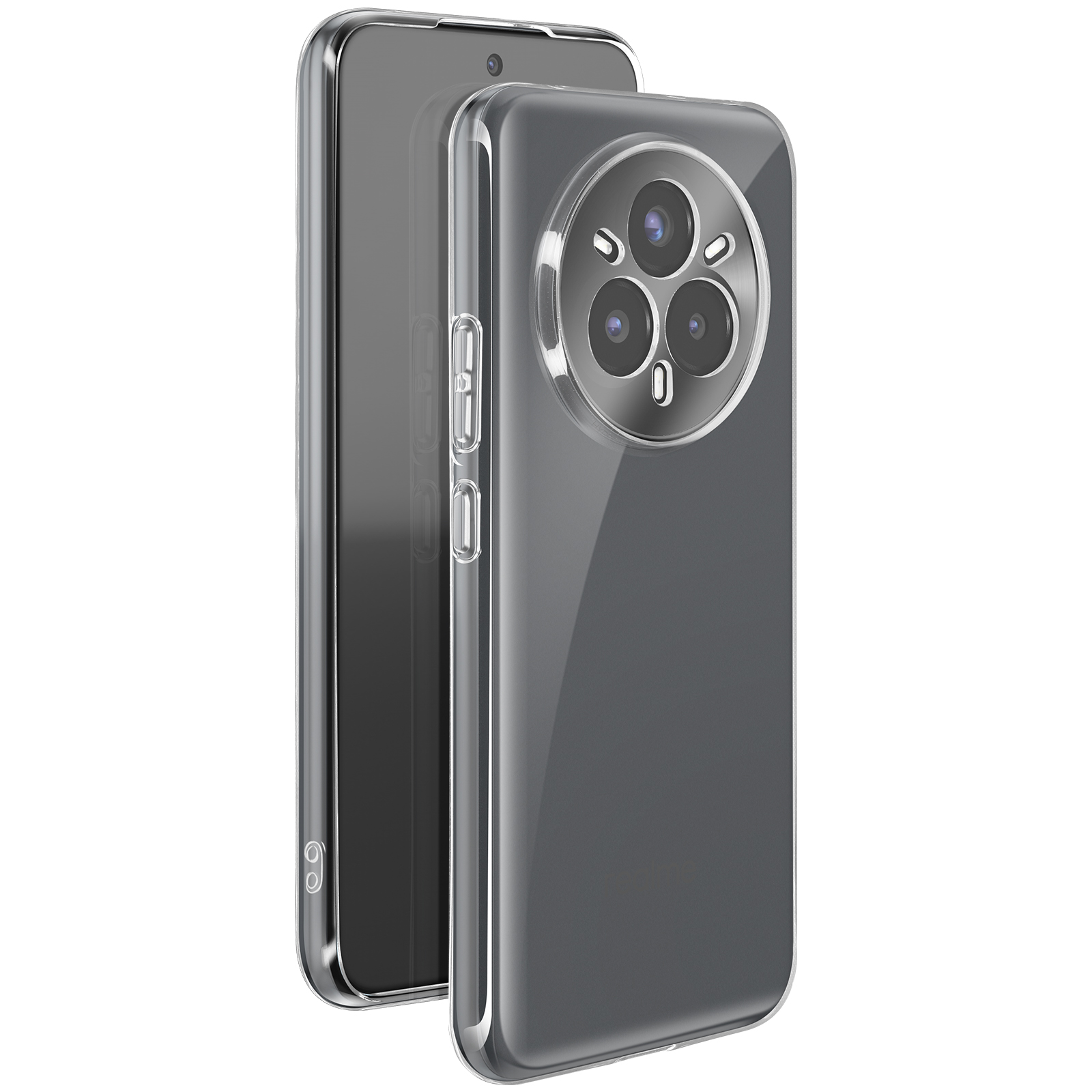 Un telefono grigio con una custodia trasparente. Ci sono tre fotocamere in un cerchio. Il telefono è tenuto ad angolo.