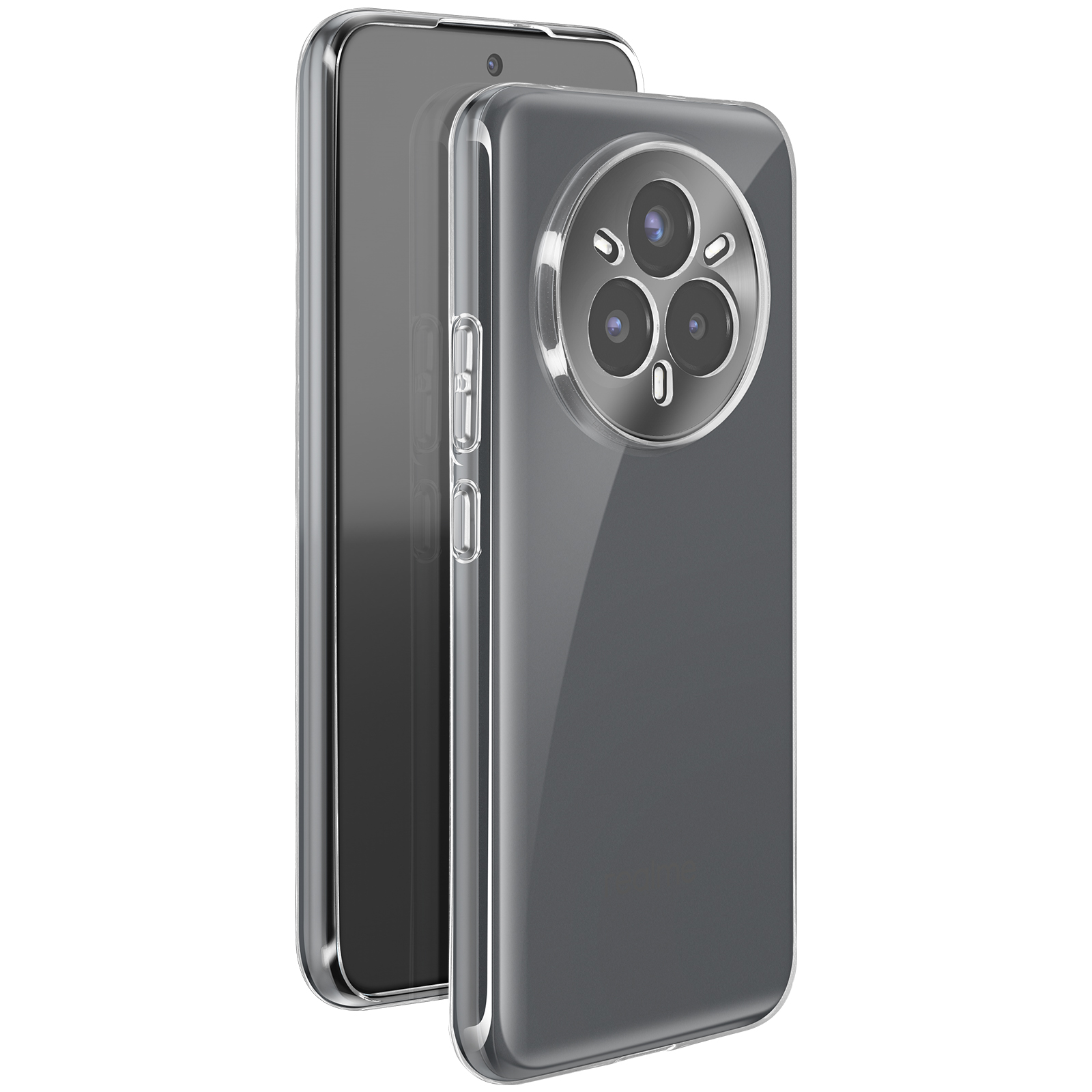 Una custodia trasparente per telefono con retro trasparente e anello fotocamera metallico.