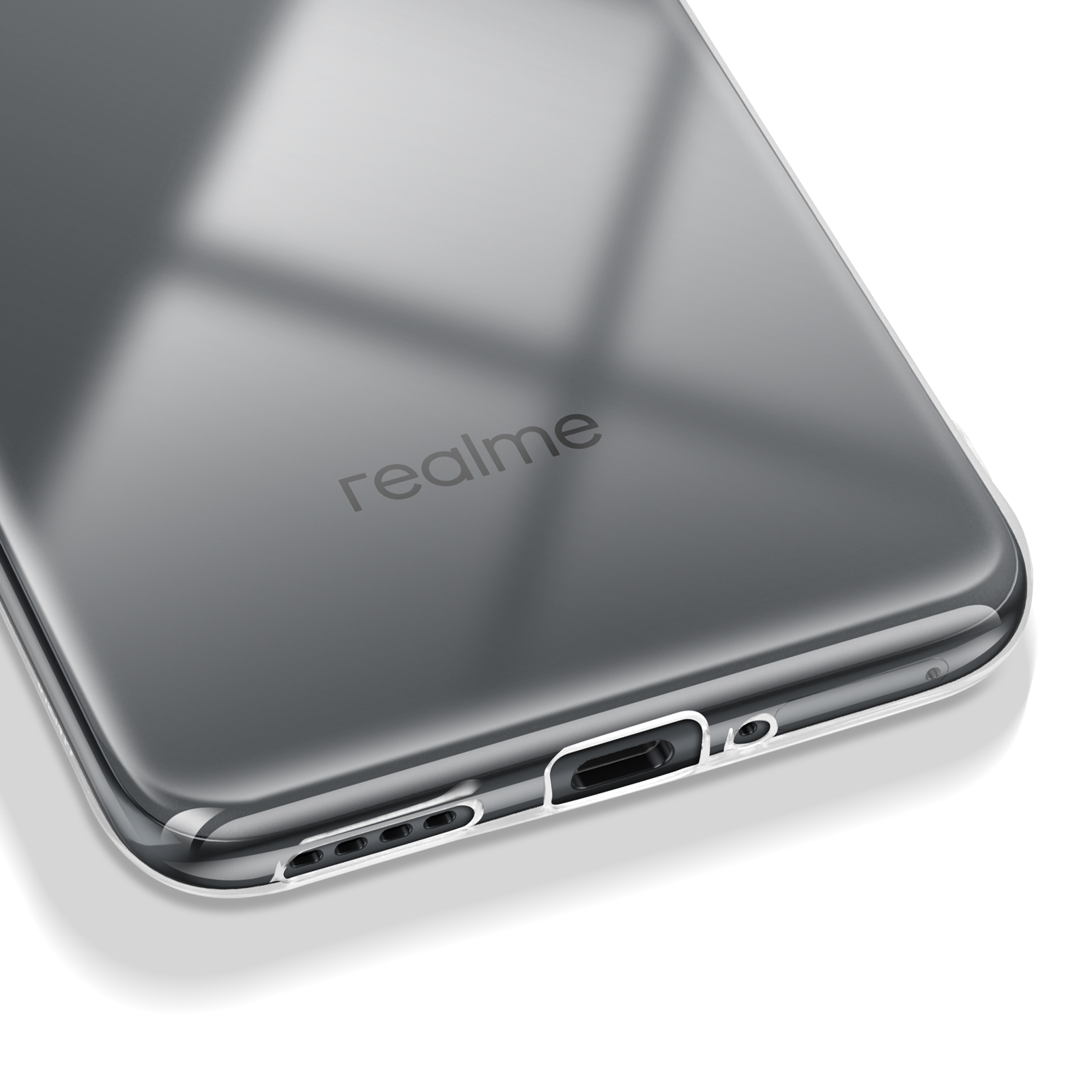 Un primo piano di una custodia trasparente per telefono con la parola realme scritta sopra.