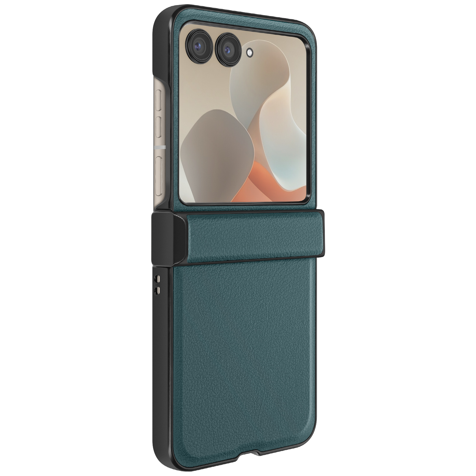Custodia verde acqua su un telefono pieghevole. Cornice nera e due fotocamere.