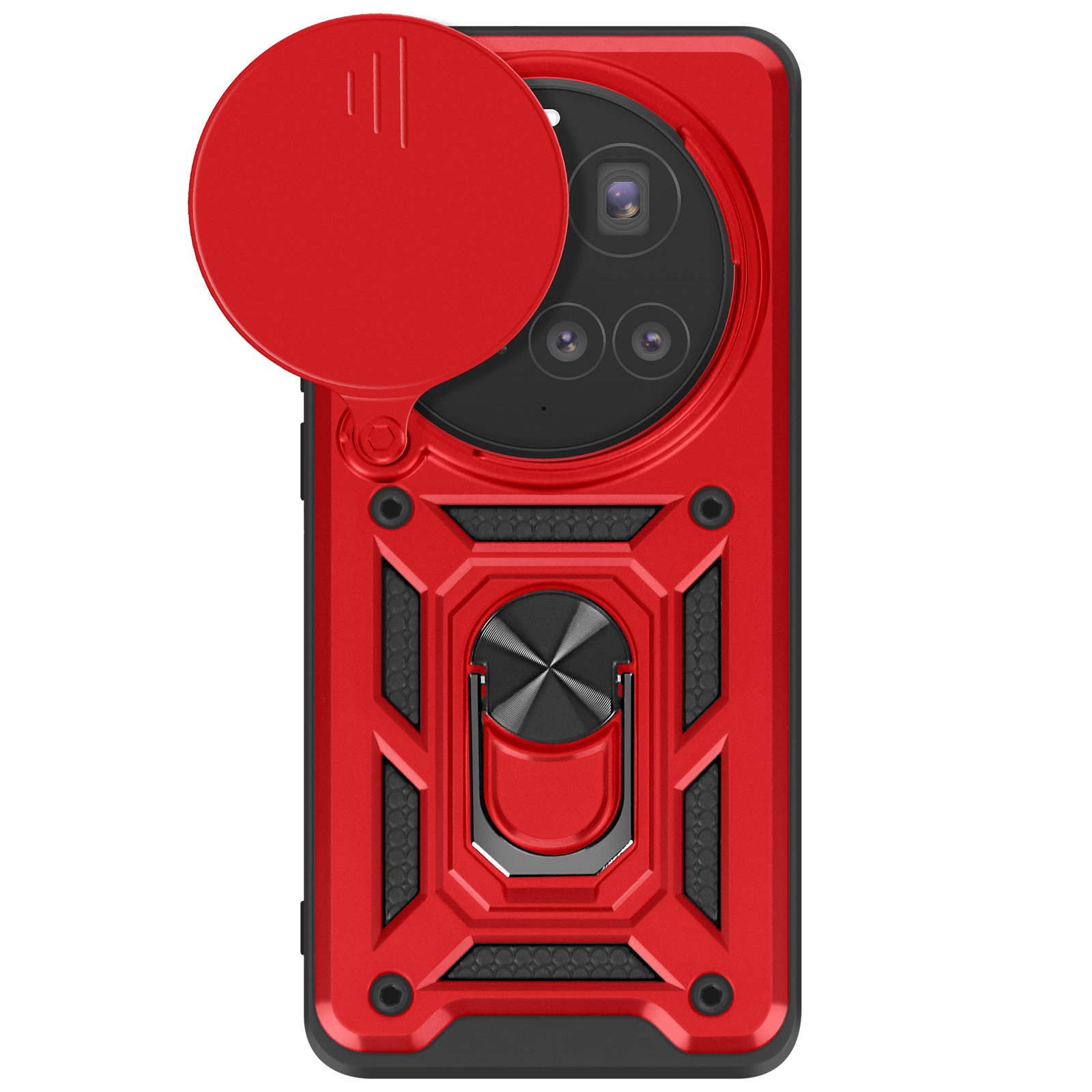 Custodia rossa per telefono con supporto ad anello e copertura dell'obiettivo della fotocamera, su una superficie bianca.