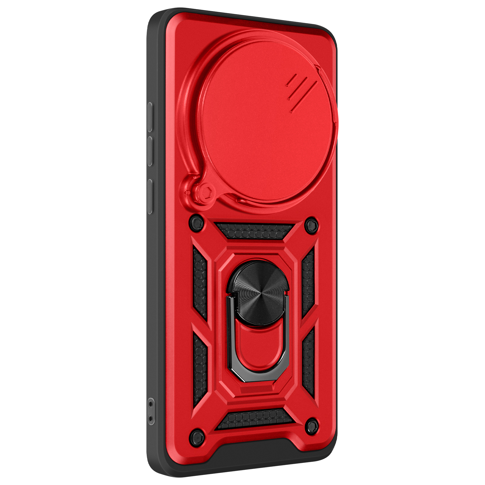 Custodia rossa per telefono con copertura della fotocamera e anello per presa.