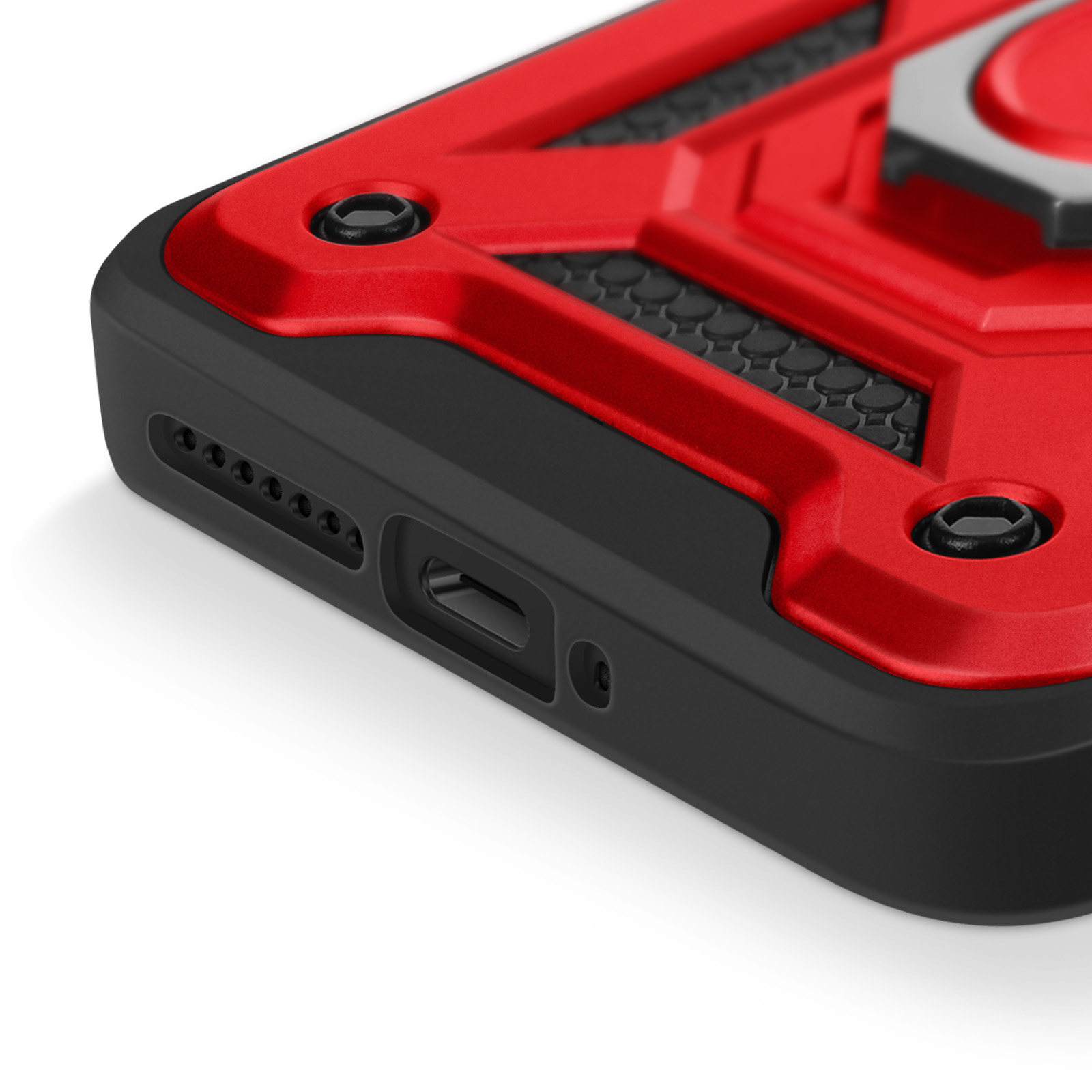 Primo piano di una custodia per telefono. La custodia è rossa e nera con un anello e viti.