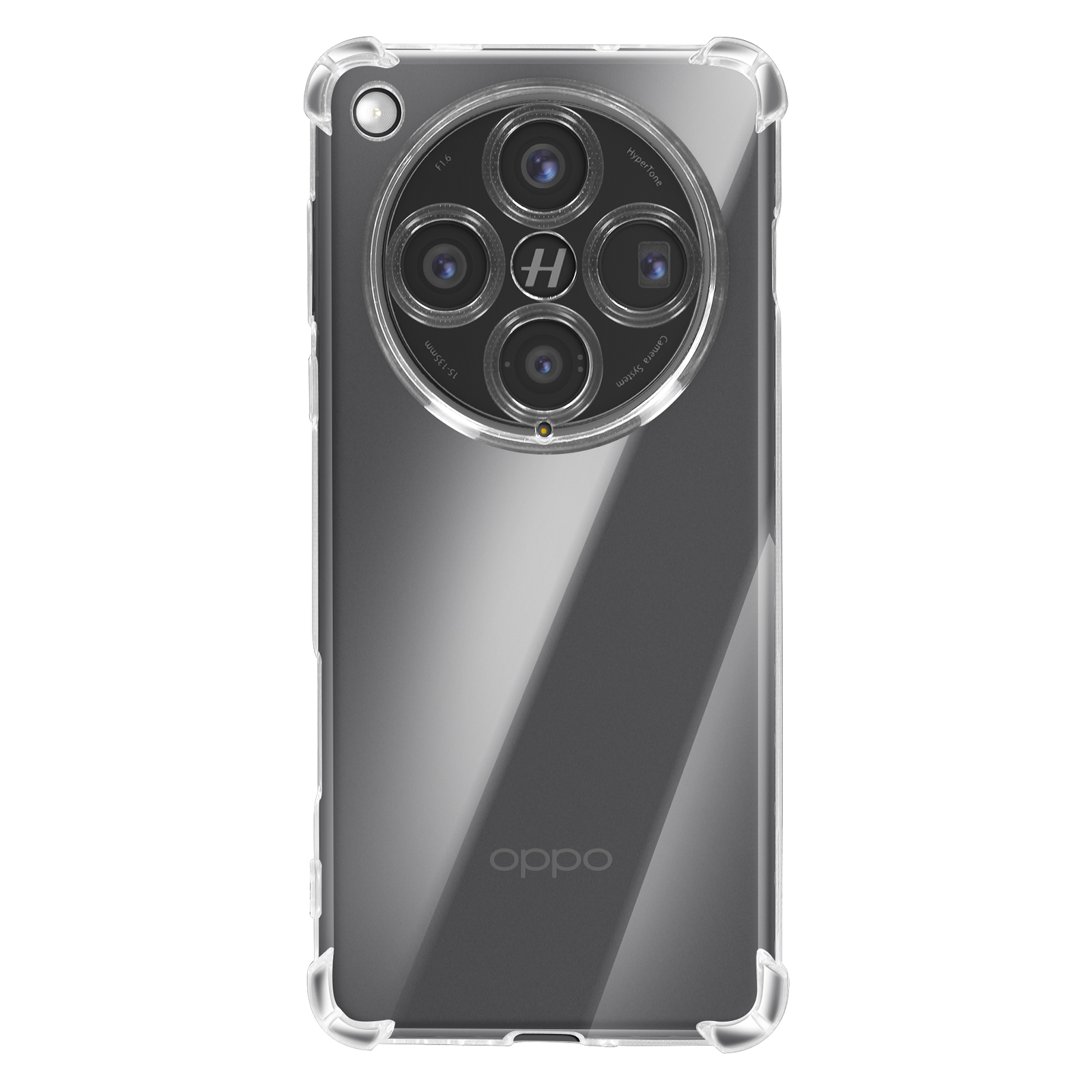 Un telefono con una custodia trasparente, che mostra le fotocamere.