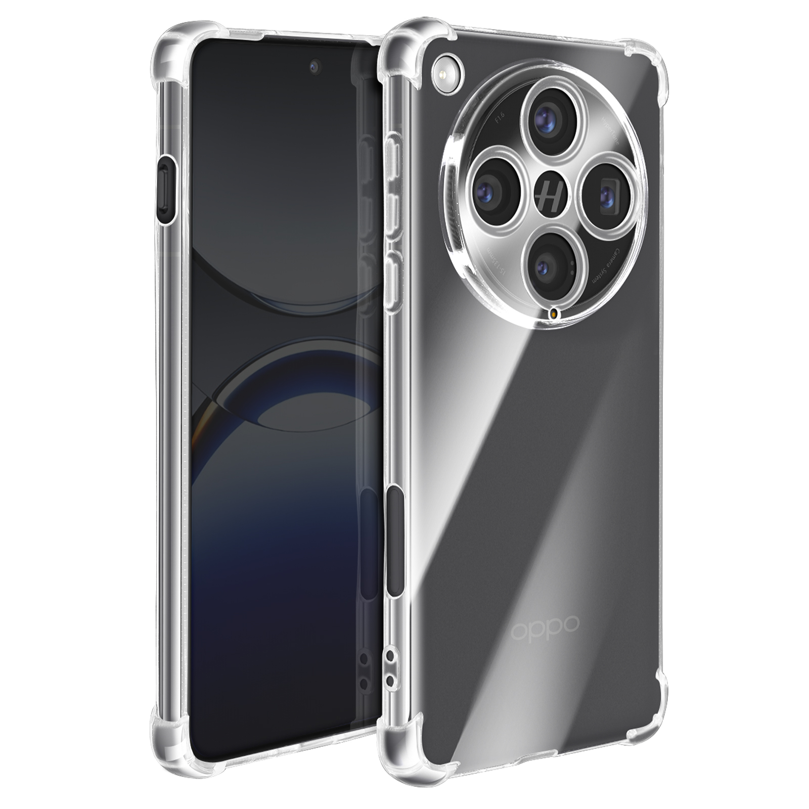 Custodia trasparente con angoli rinforzati e anello fotocamera rialzato, con logo Oppo.