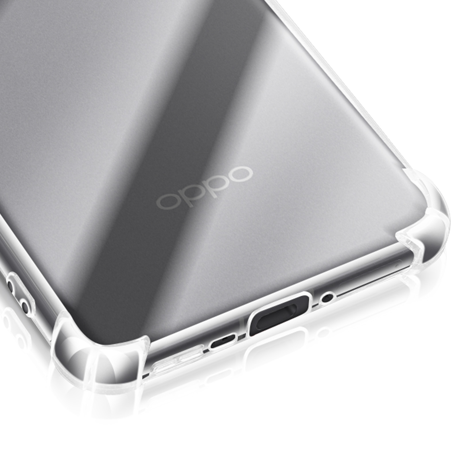 Custodia trasparente per telefono con logo OPPO, protezione angoli e ritagli.