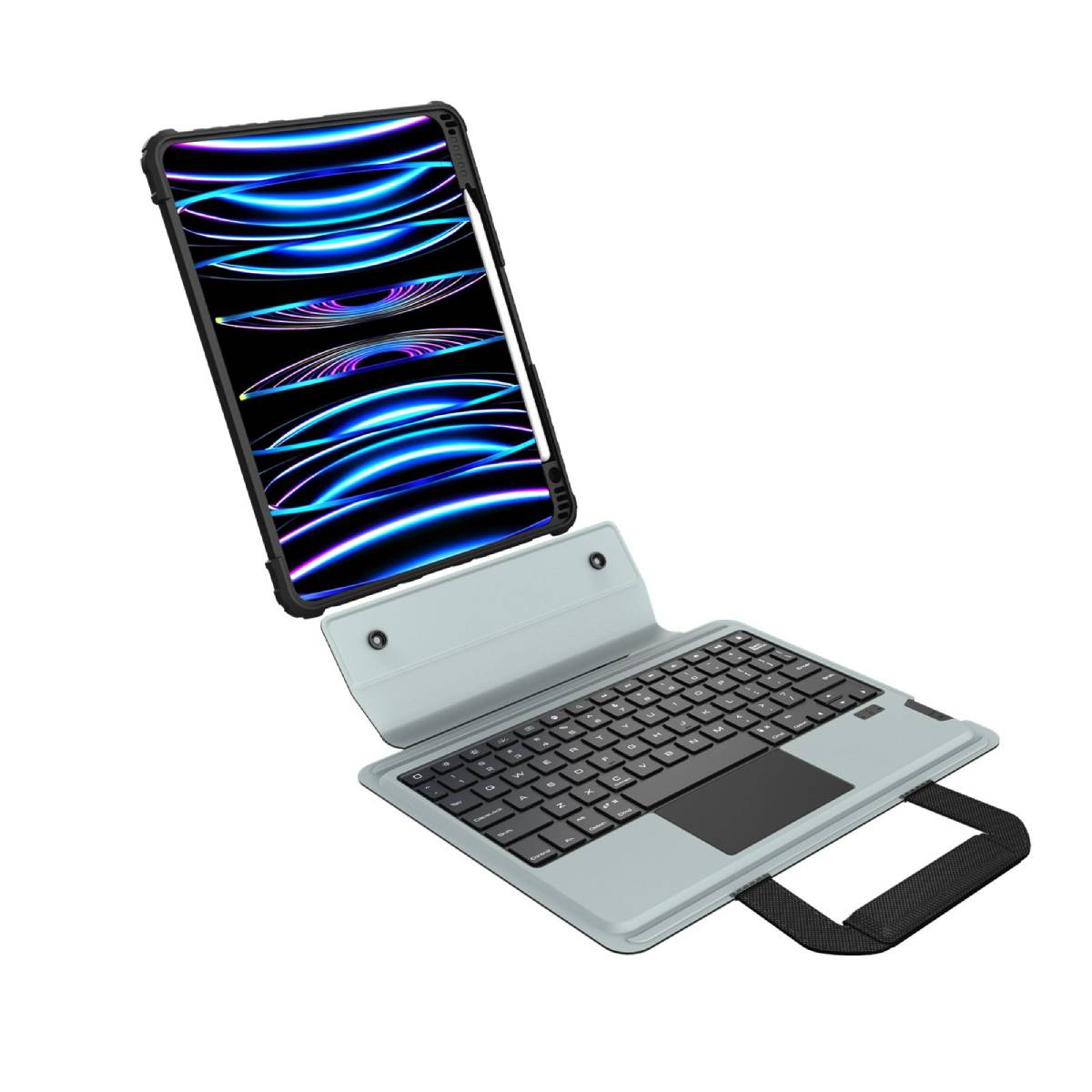 Tablet con custodia per tastiera. Schermo nero con linee blu e bianche. Sfondo bianco.