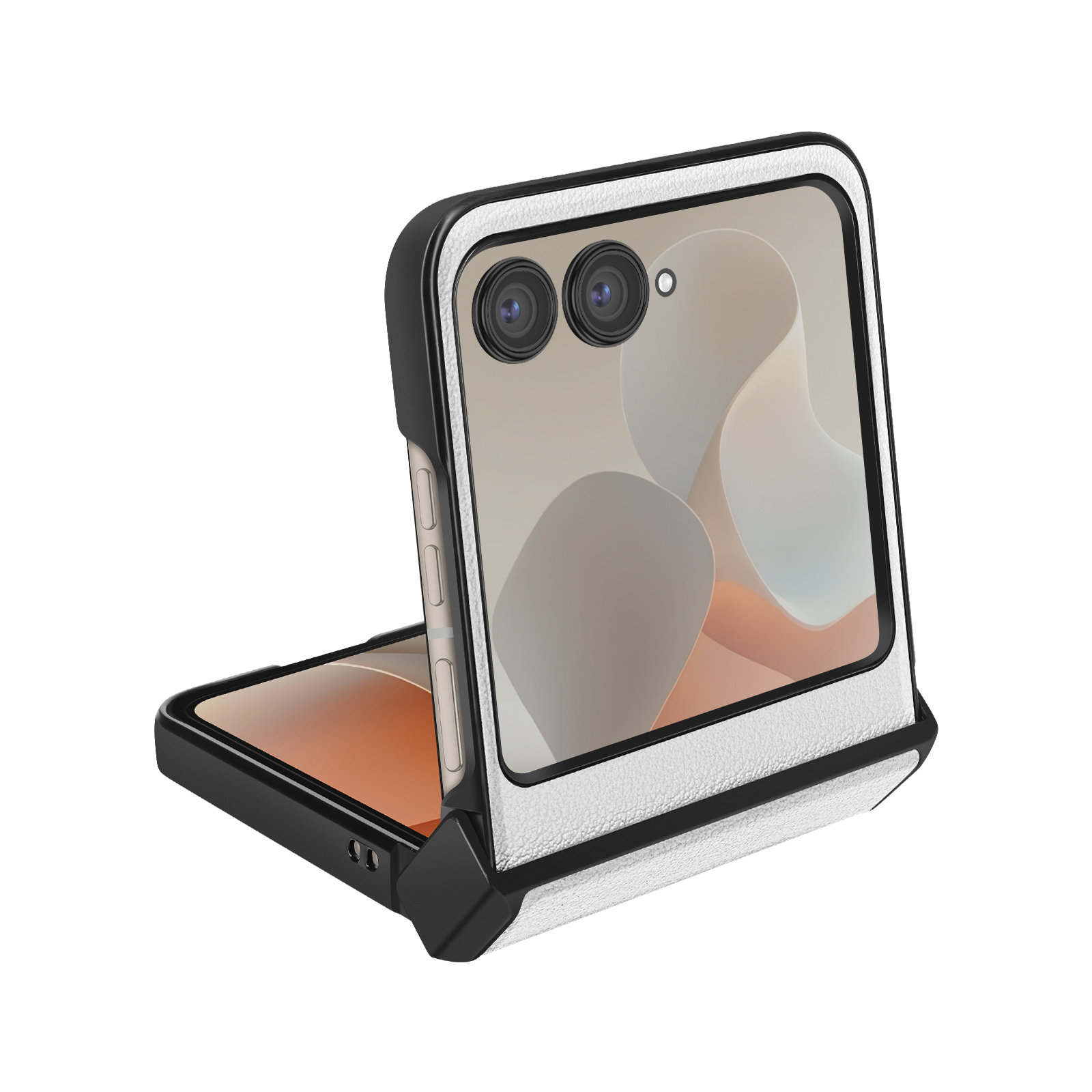 Telefono pieghevole bianco e nero, aperto. Ha due fotocamere e uno schermo con forme astratte.
