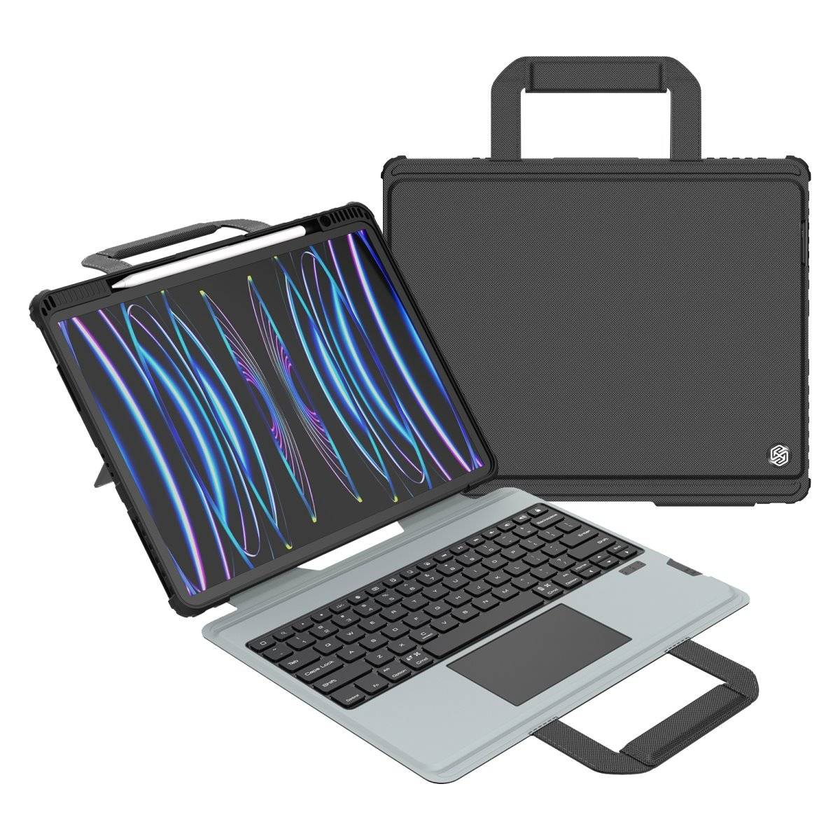 Tablet con custodia tastiera. Tablet su supporto, custodia tastiera. Maniglia nera. Sfondo bianco.