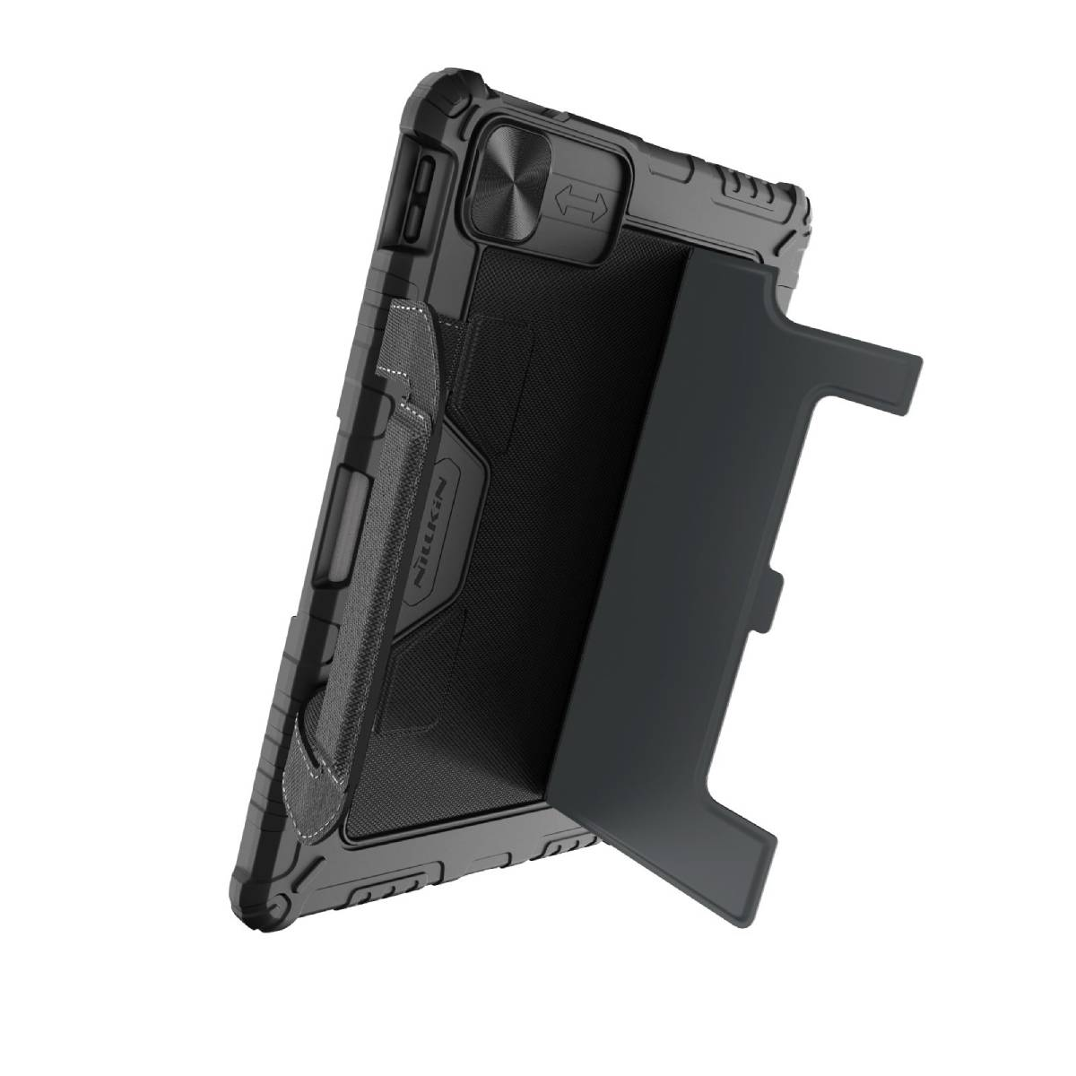 Custodia nera per tablet con cavalletto. Custodia robusta con retro e lati strutturati.