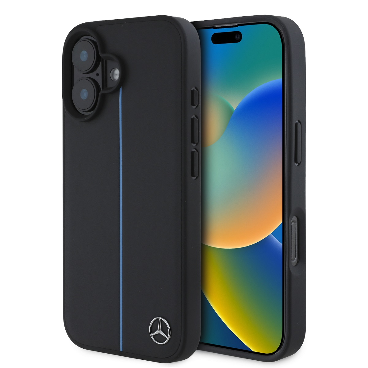 Custodia nera per telefono con striscia blu e logo Mercedes. Mostra lo schermo del telefono.