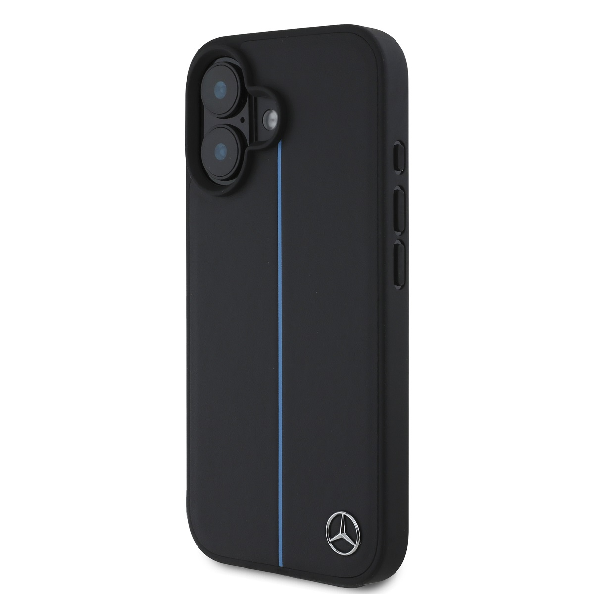 Custodia nera per telefono con striscia blu e logo Mercedes. Vista laterale.