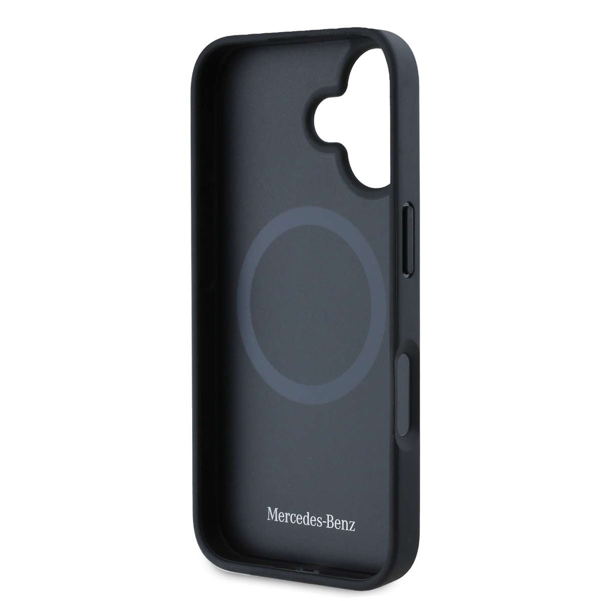 Interno di custodia per telefono nero, con design MagSafe circolare e logo Mercedes-Benz.