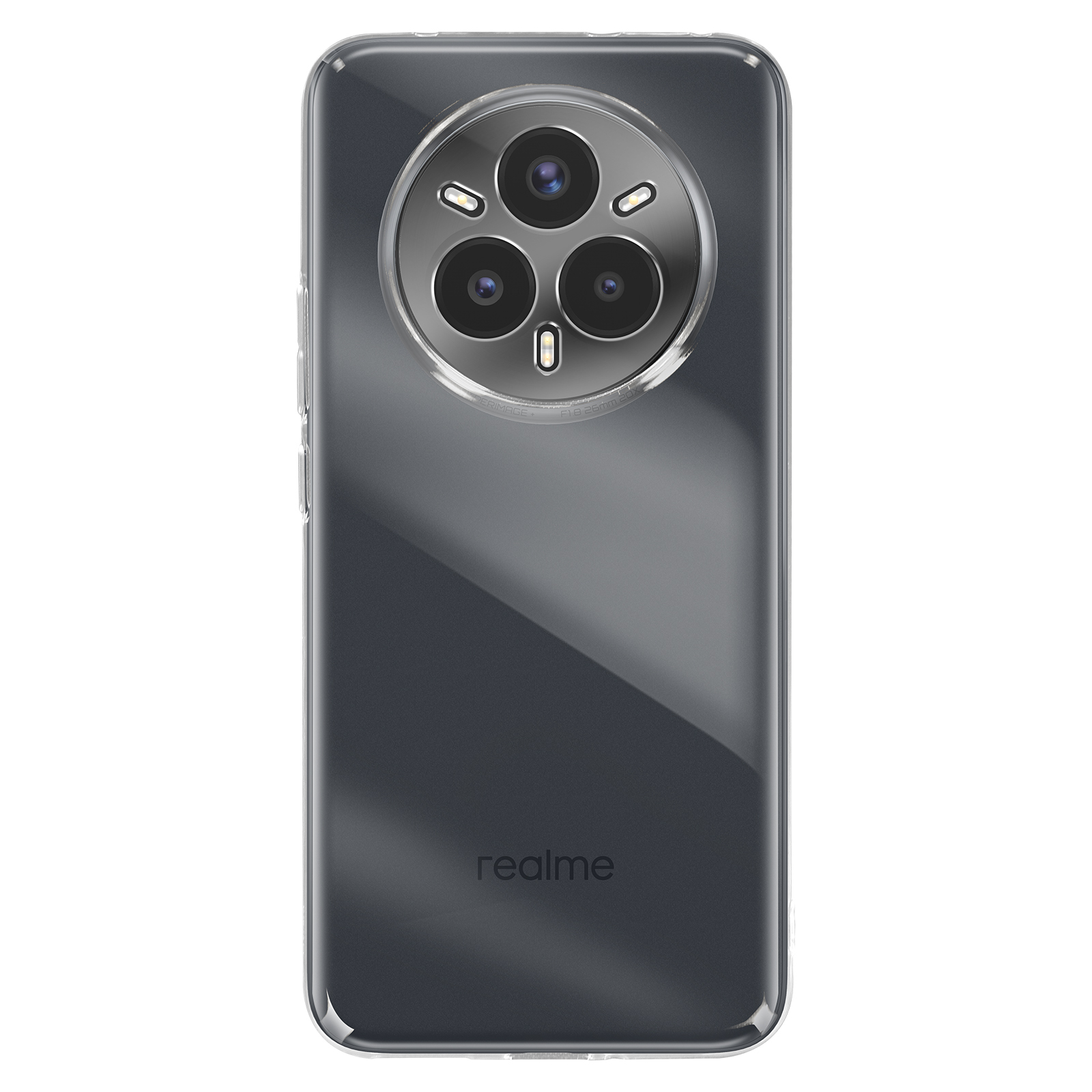 Custodia trasparente con tre lenti della fotocamera, su sfondo scuro.