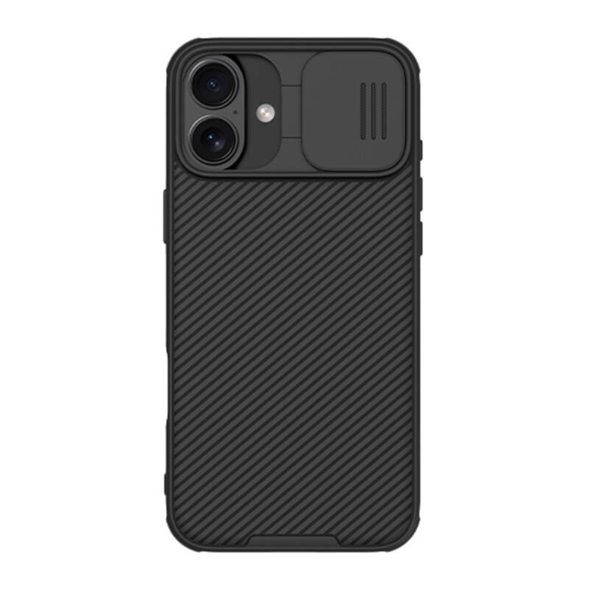 Coque de téléphone noire avec des objectifs d'appareil photo doubles et un cache-caméra sur fond blanc.
