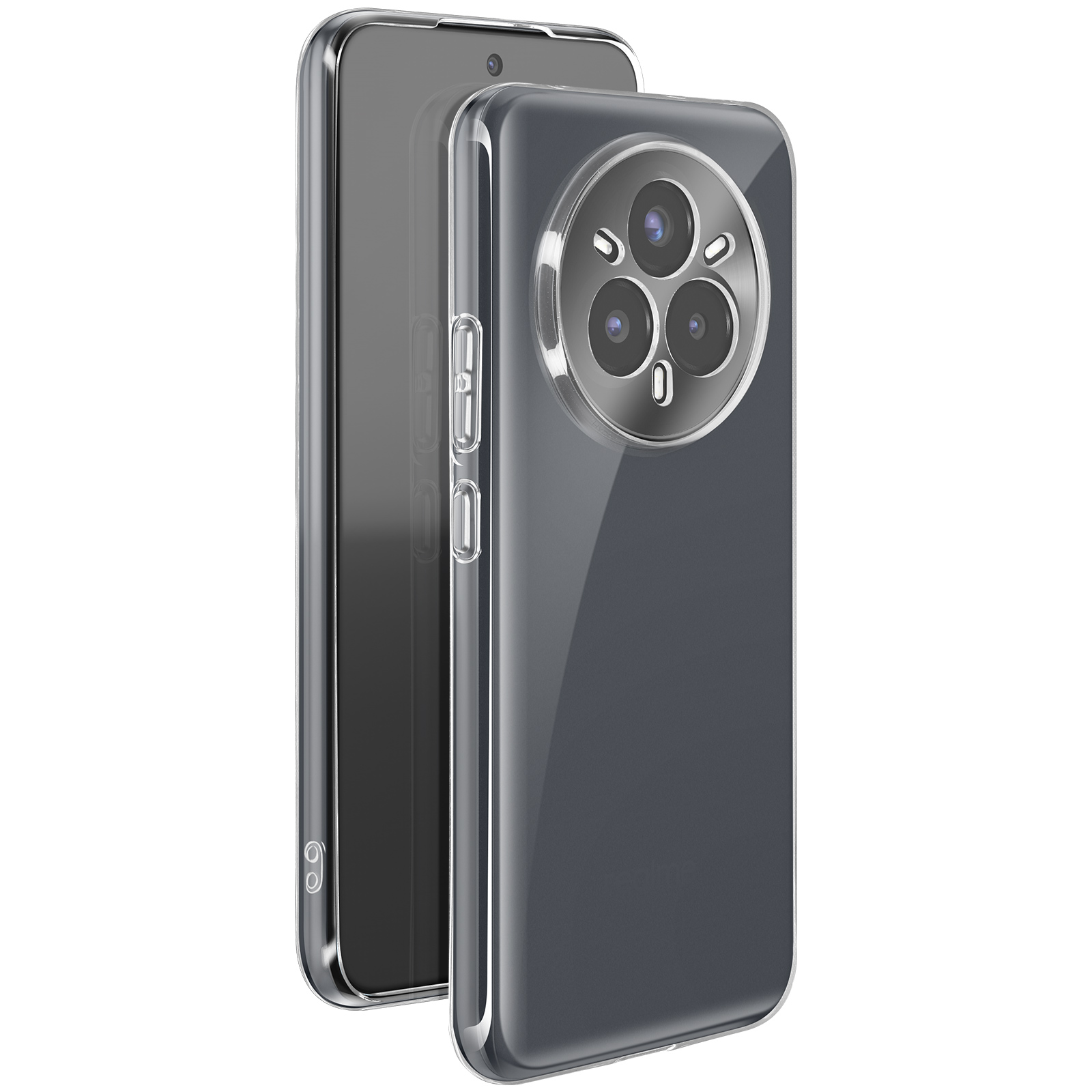 Custodia trasparente con telefono nero. La custodia ha un ritaglio per la fotocamera.