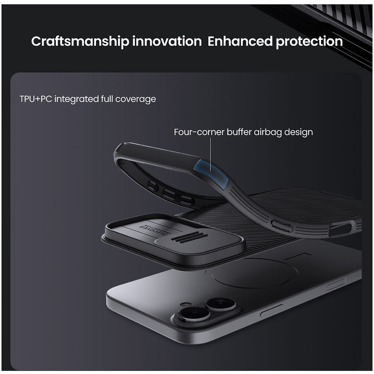 Coque de téléphone noire avec design détaillé, présentant un téléphone et ses protections.