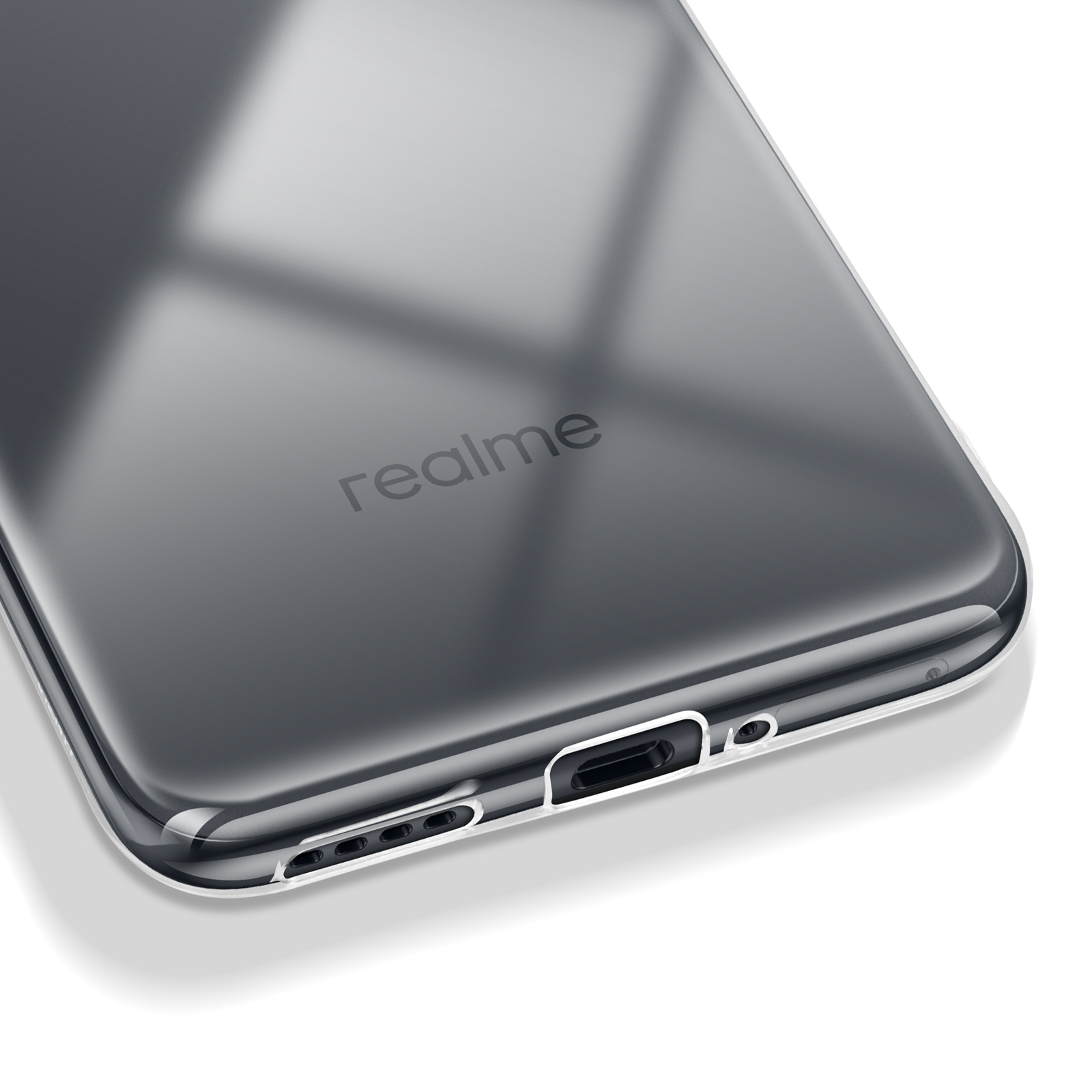 Una custodia trasparente per telefono con un telefono all'interno, che mostra il logo realme.
