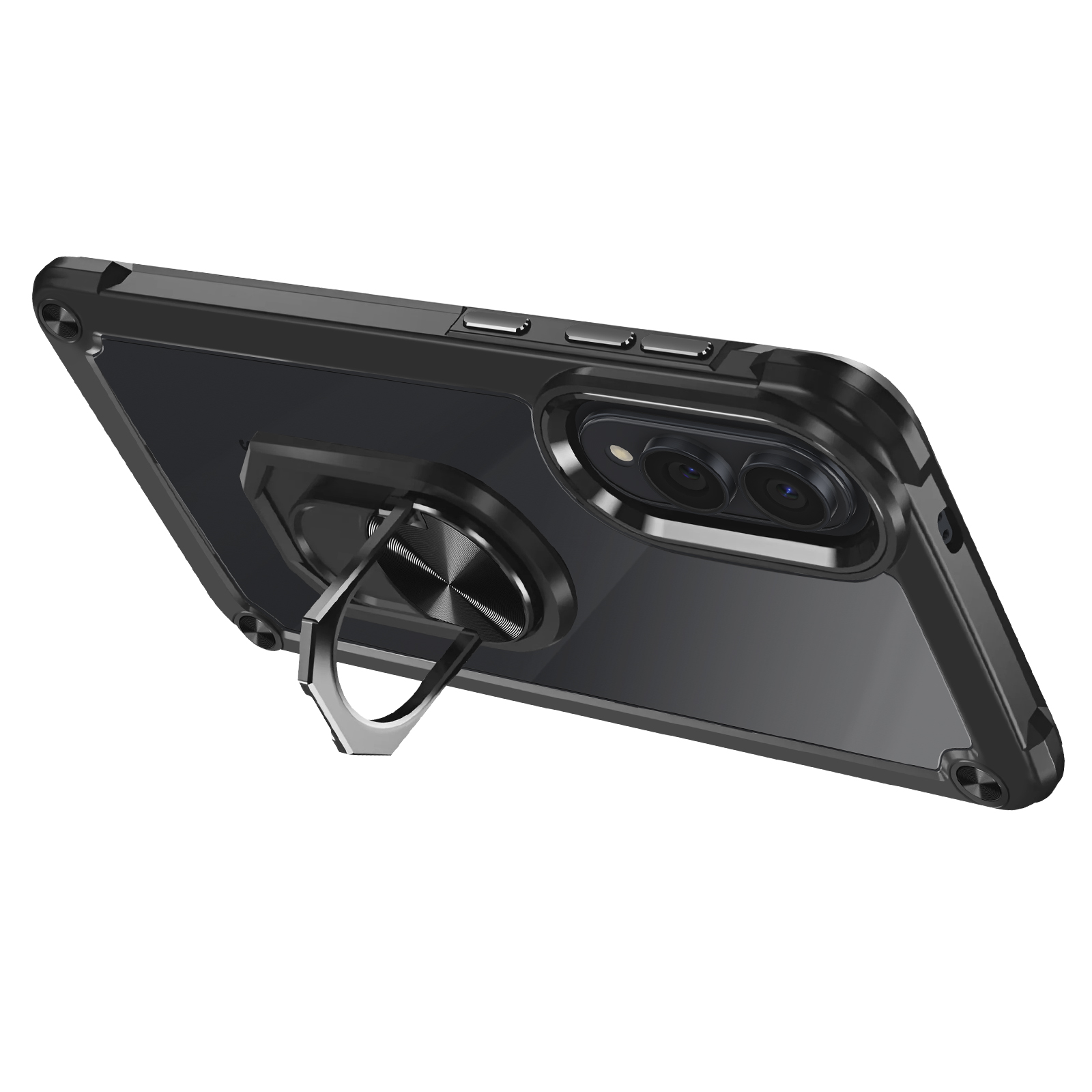 Una custodia nera per telefono con un supporto ad anello sul retro, angolato per mostrare la fotocamera e i pulsanti del telefono.