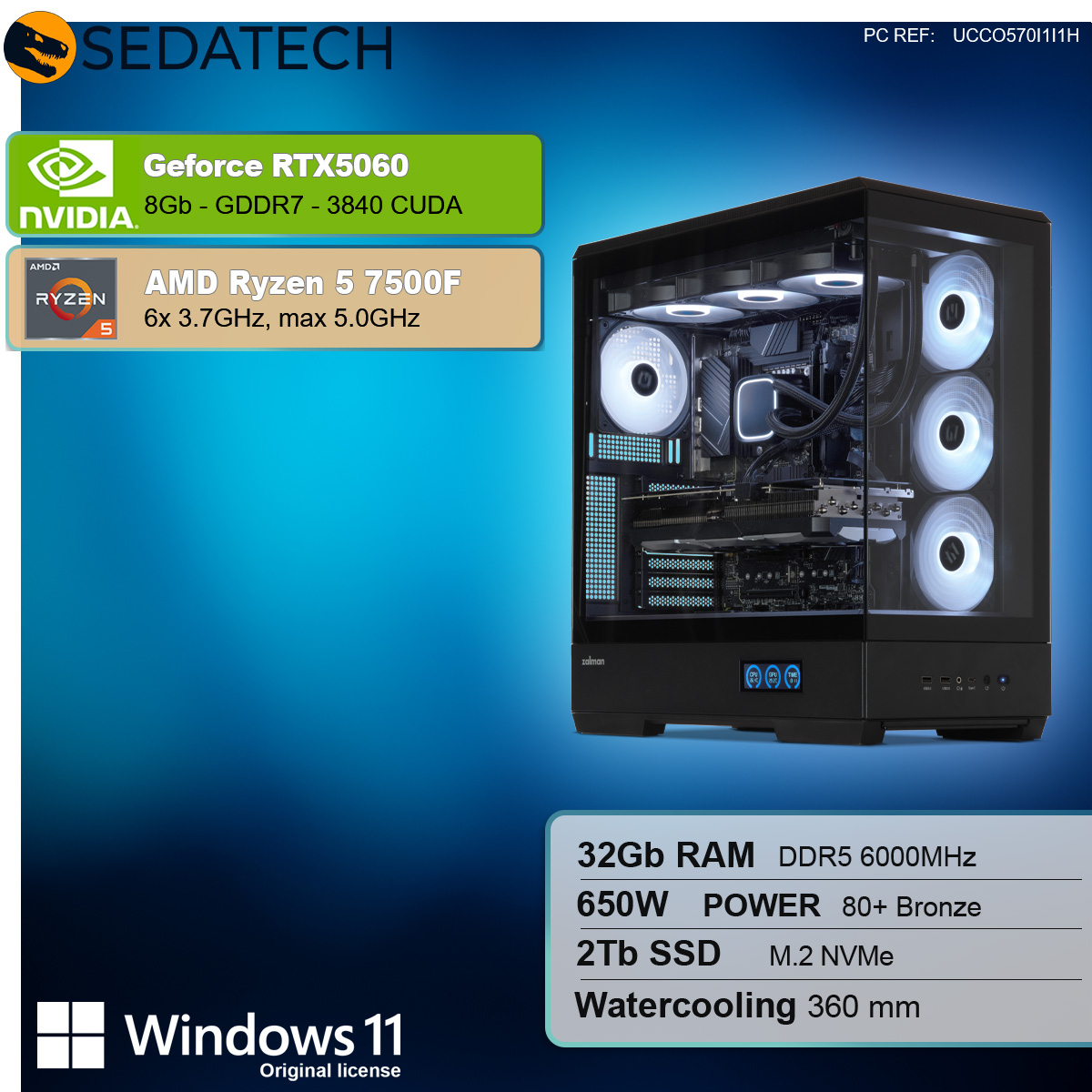 Un case per computer nero con componenti e logo Windows 11 con specifiche sottostanti su sfondo bianco.