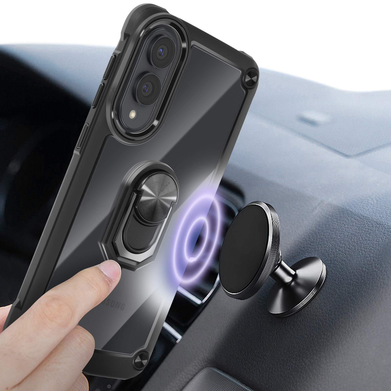 Un telefono in custodia nera montato su cruscotto con supporto magnetico.