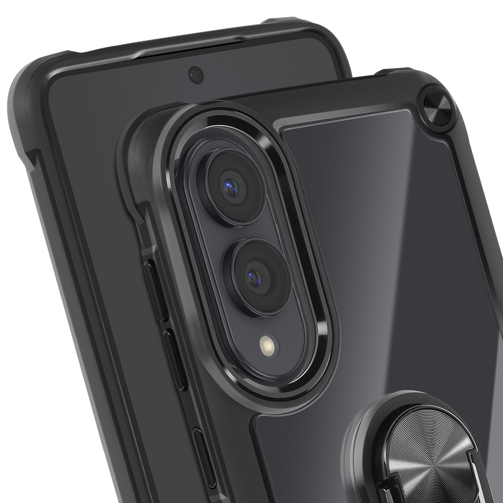 Custodia nera con doppia fotocamera e supporto ad anello. Sfondo bianco.