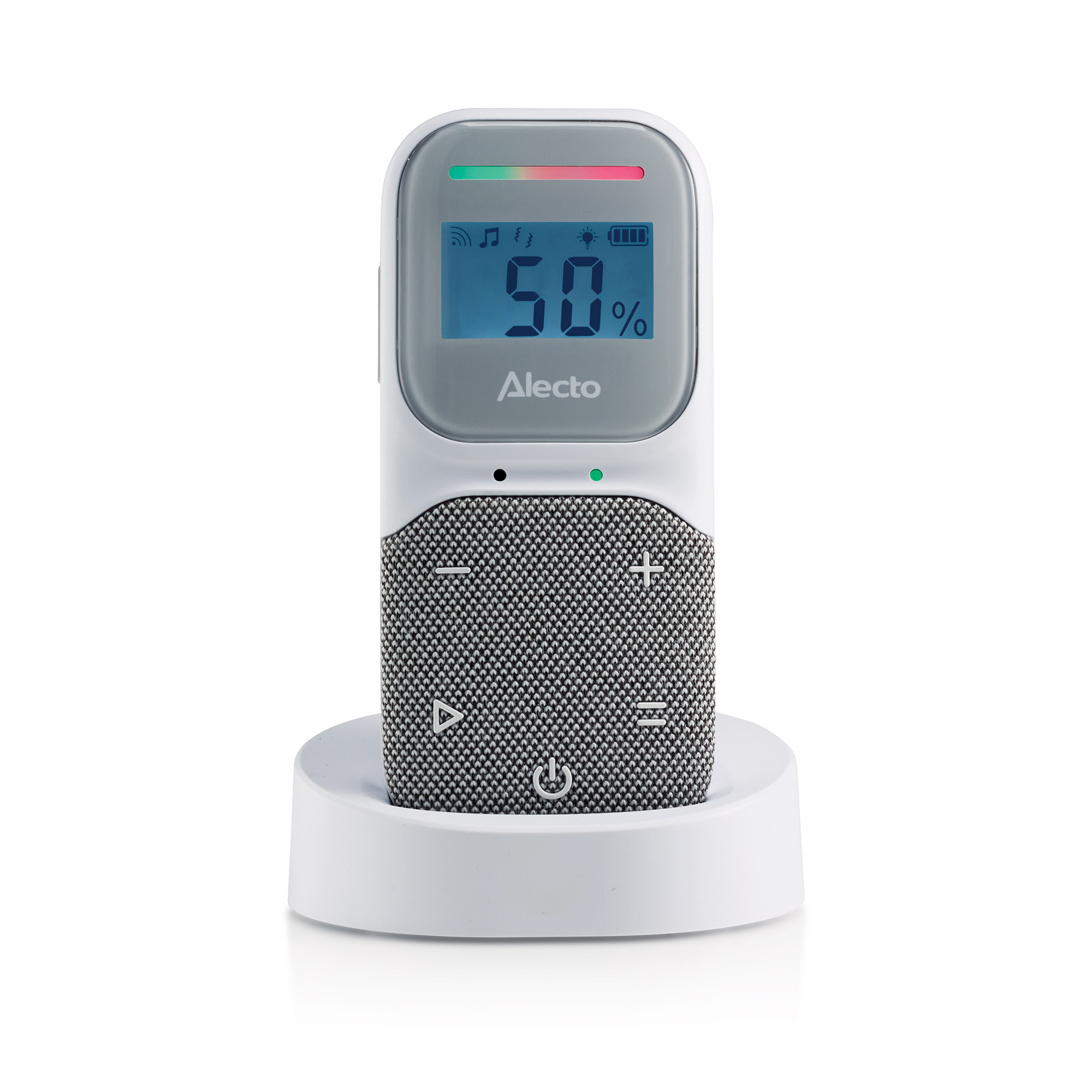 Babyphone blanc et gris avec écran, sur support blanc, fond blanc.