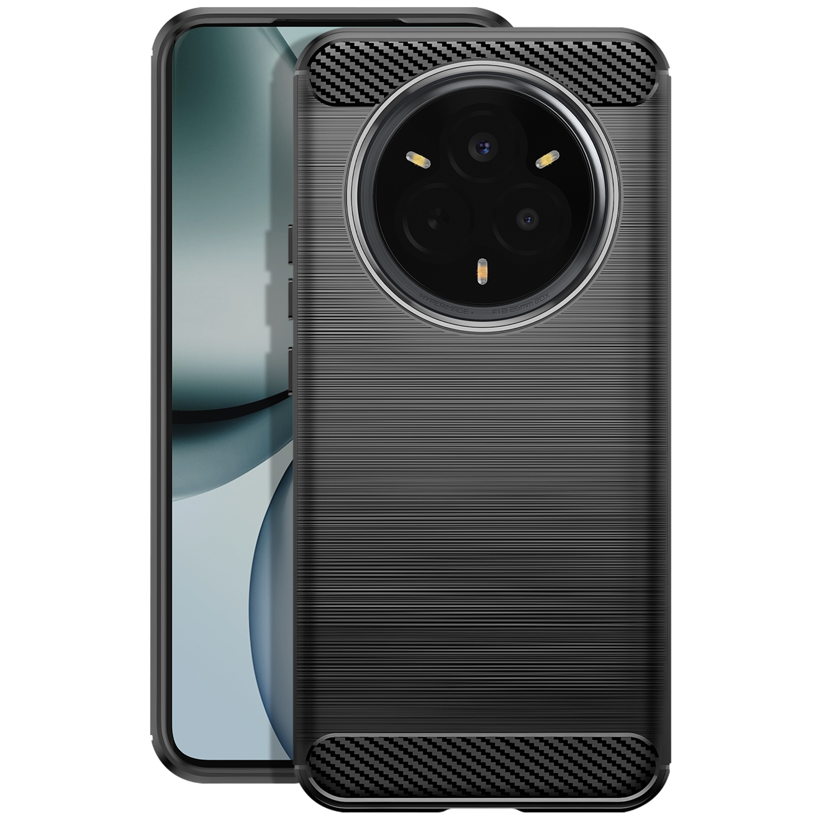Una custodia per telefono nera con retro strutturato e copertura per le lenti della fotocamera, su sfondo bianco.