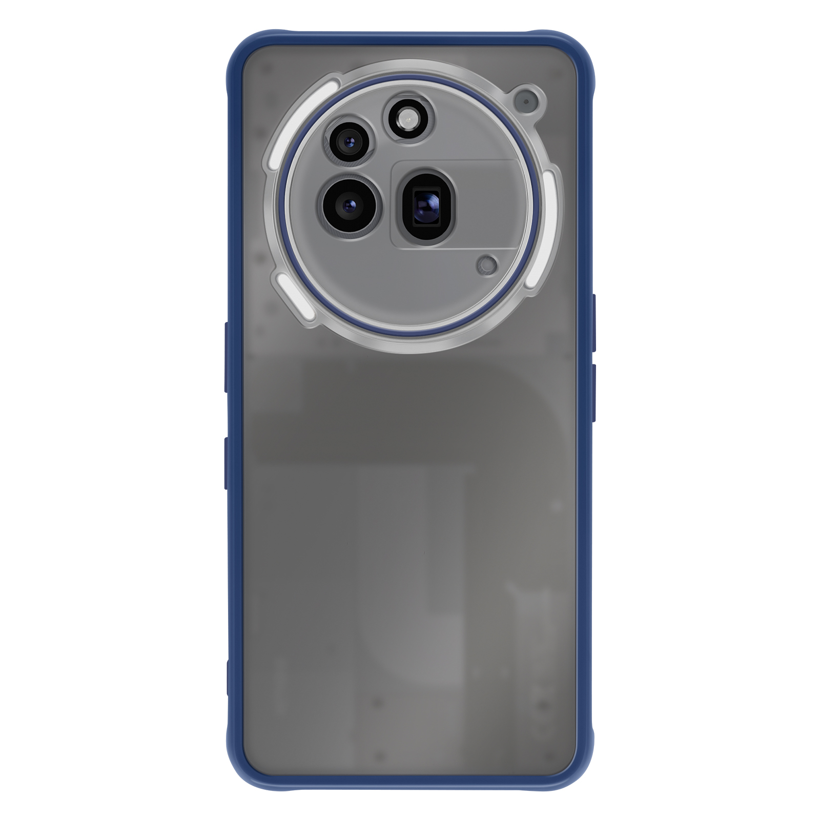 De achterkant van een telefoon in een blauw omrande hoes met meerdere camera's.
