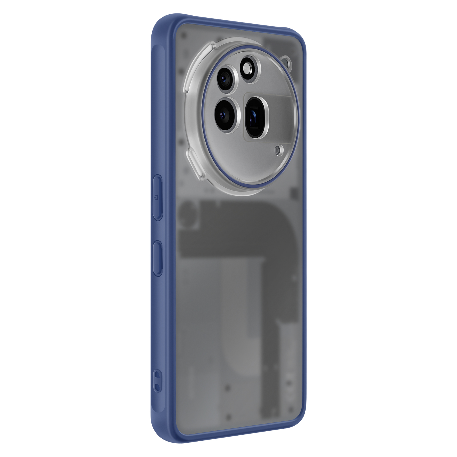 Blauwe telefoonhoes met een transparante achterkant. De hoes heeft een cameramodule en knoppen aan de zijkant.