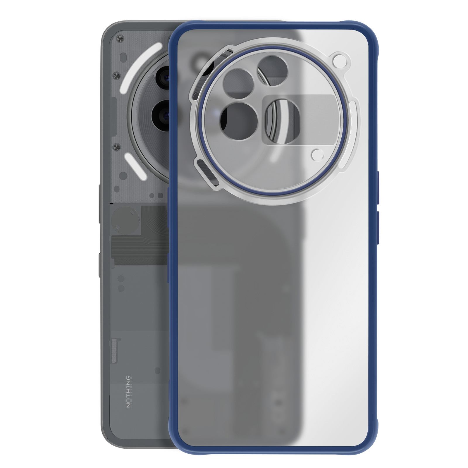 Twee telefoonhoesjes, één transparant en één met een intern ontwerp. Witte achtergrond.