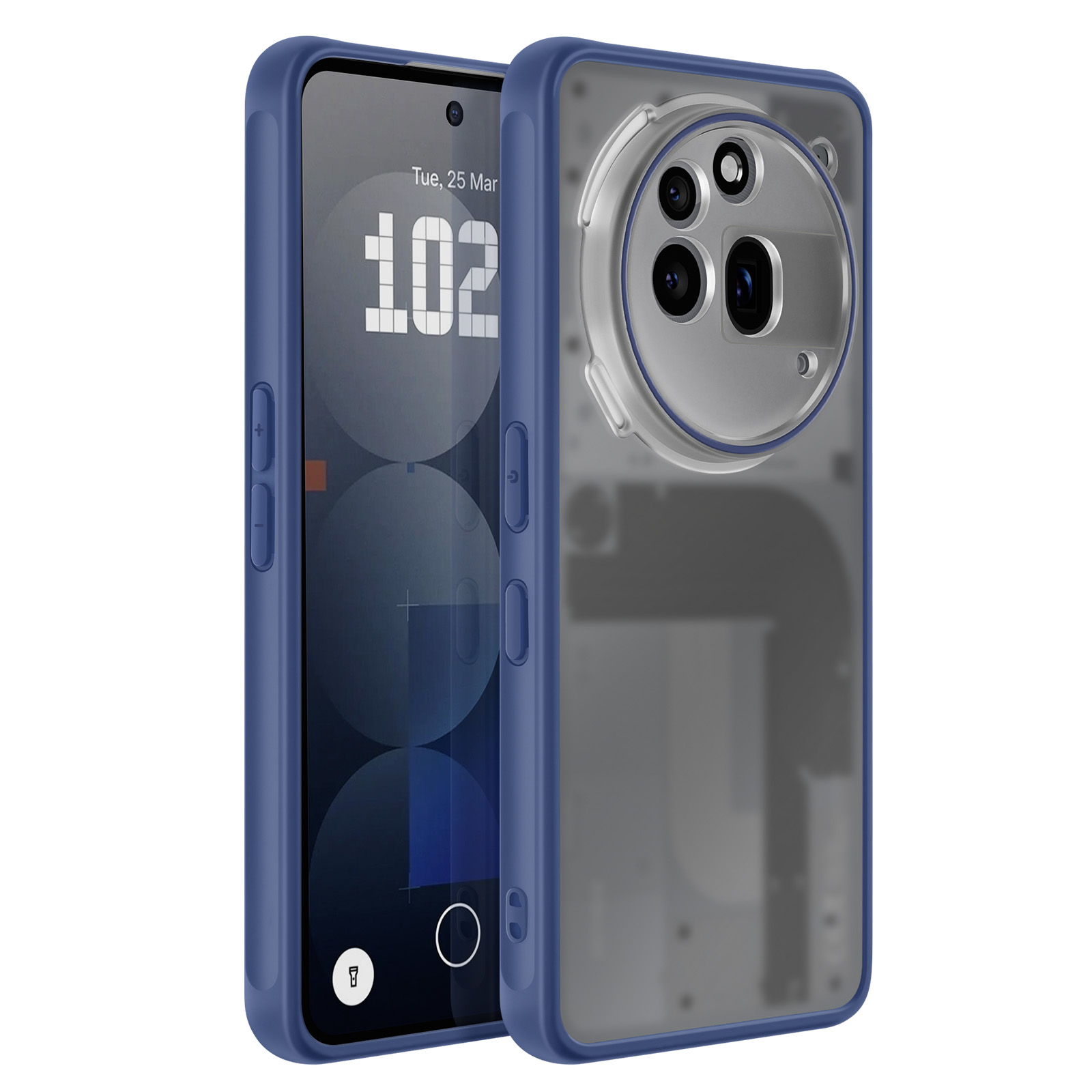 Een blauwe telefoonhoes met een zwarte telefoon erin. De hoes heeft een transparante achterkant en blauwe randen.